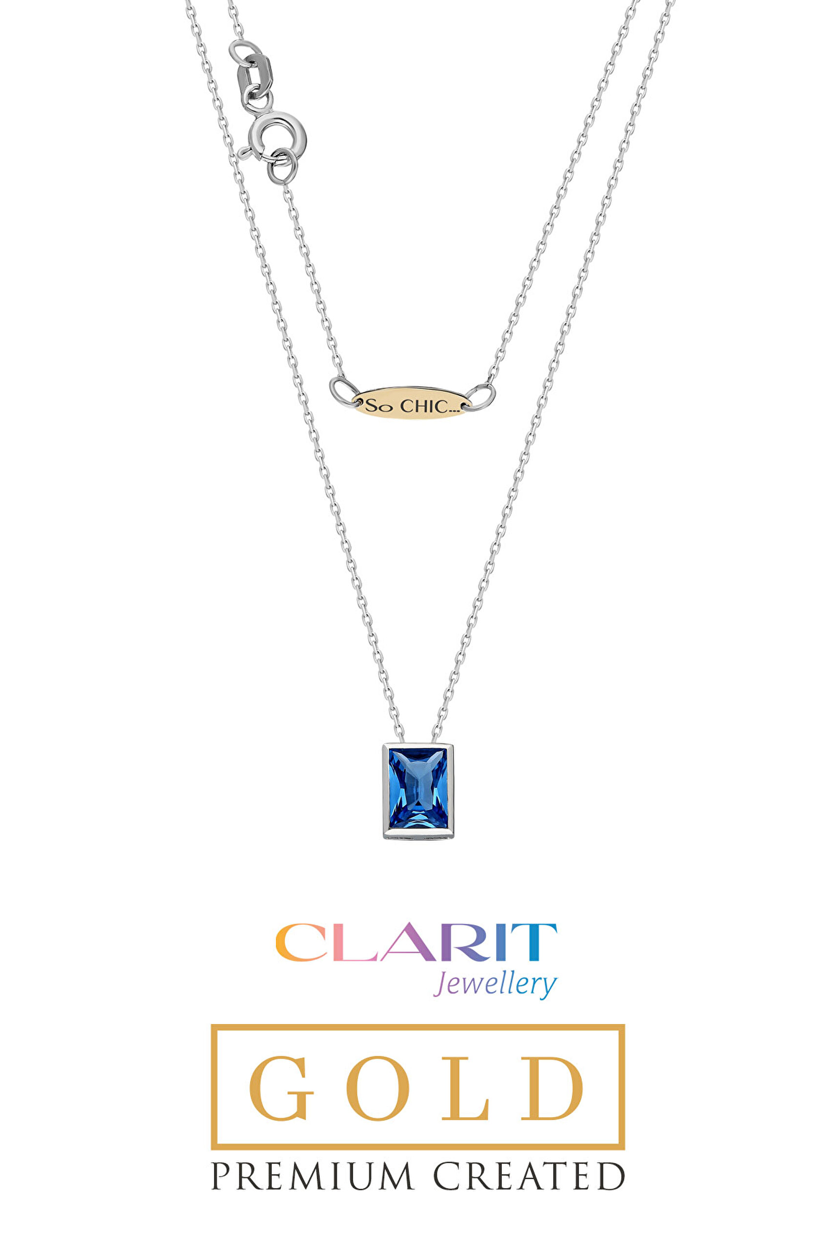 ⁠ Clarit Serisi Created Aquamarine Taşlı 8 Ayar Beyaz Altın Baget Kolye _1}