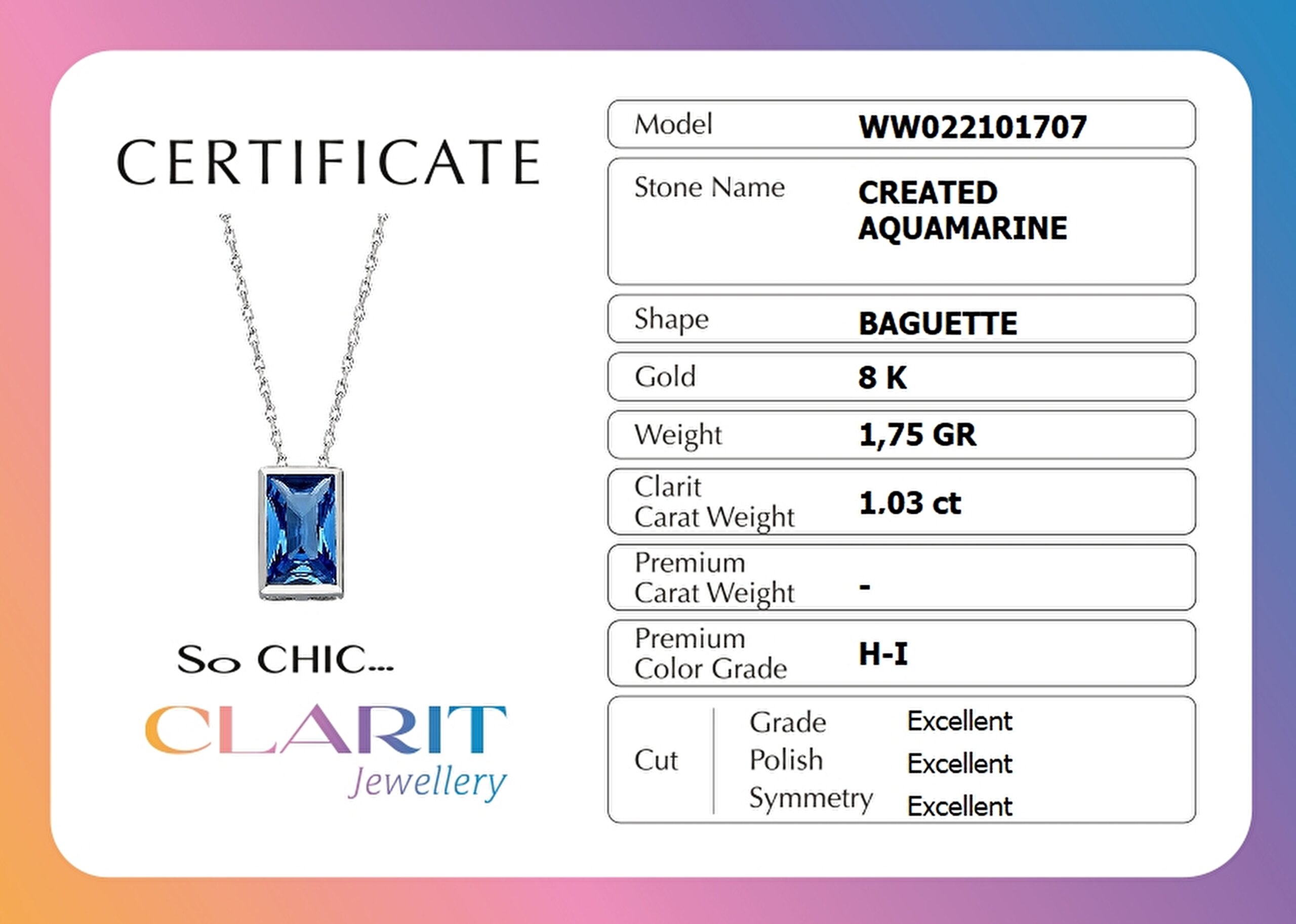 ⁠ Clarit Serisi Created Aquamarine Taşlı 8 Ayar Beyaz Altın Baget Kolye _2}
