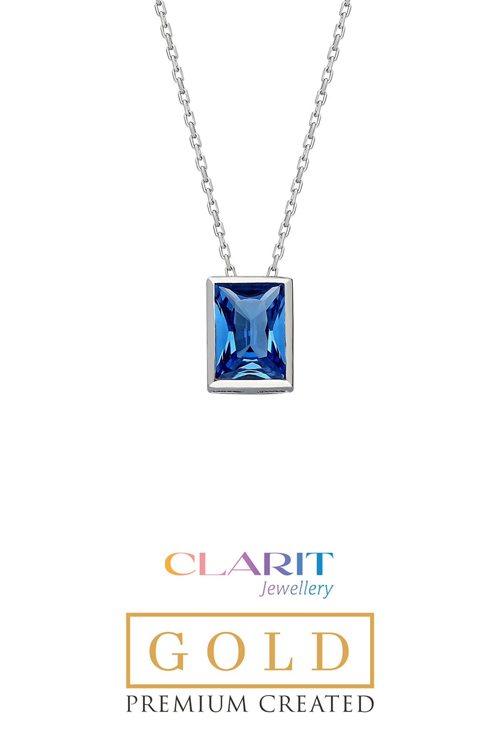⁠ Clarit Serisi Created Aquamarine Taşlı 8 Ayar Beyaz Altın Baget Kolye _0}