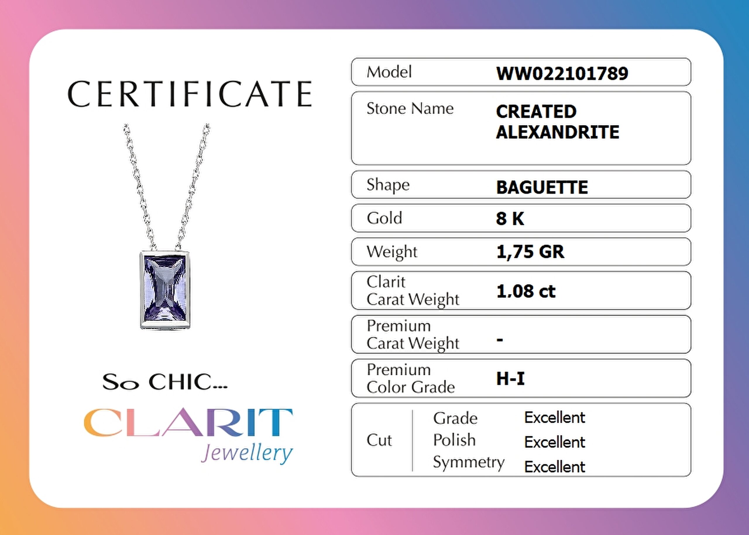 ⁠ Created Alexandrite Taşlı Clarit Serisi Beyaz Altın Baget Kolye_2}