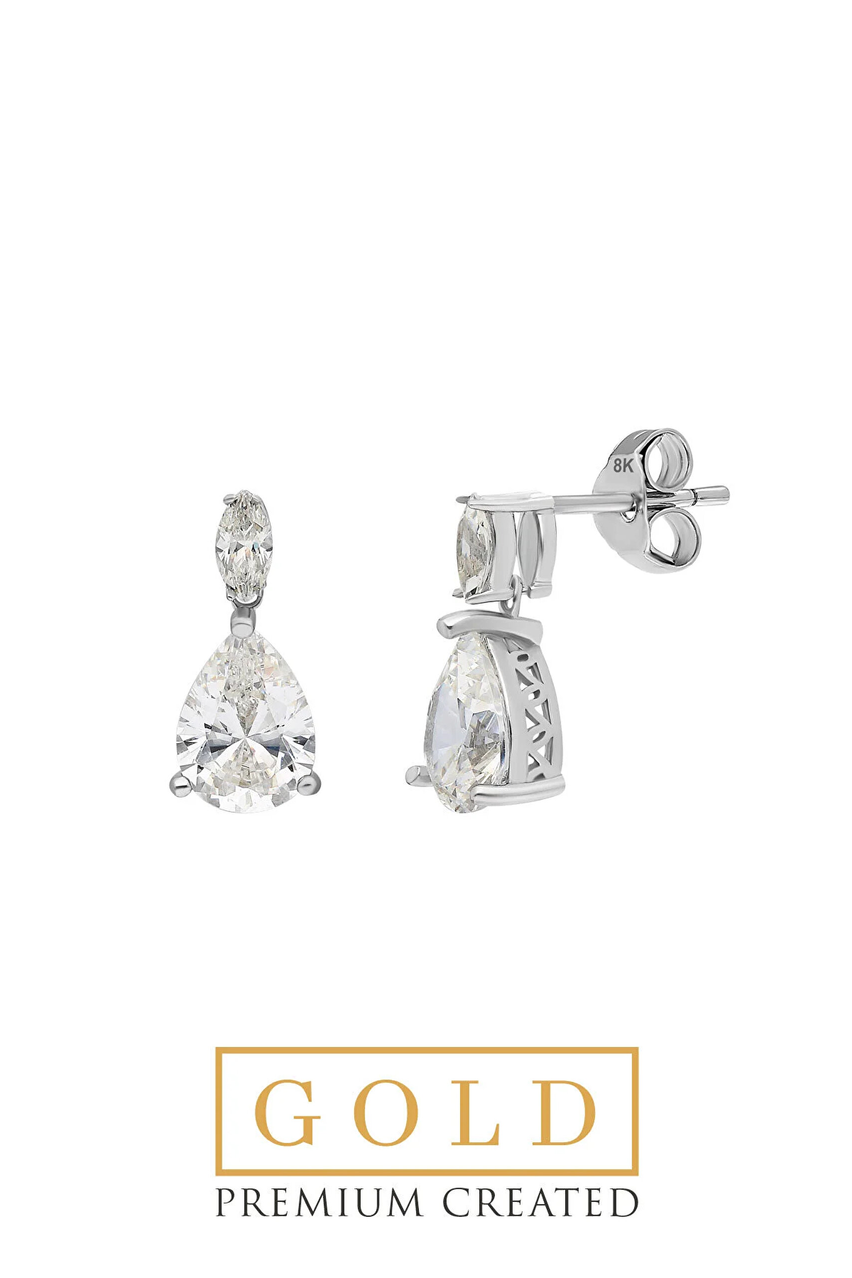 ⁠ Beyaz Altın Sertifikalı Premium Created Damla Taşlı Küpe_0}