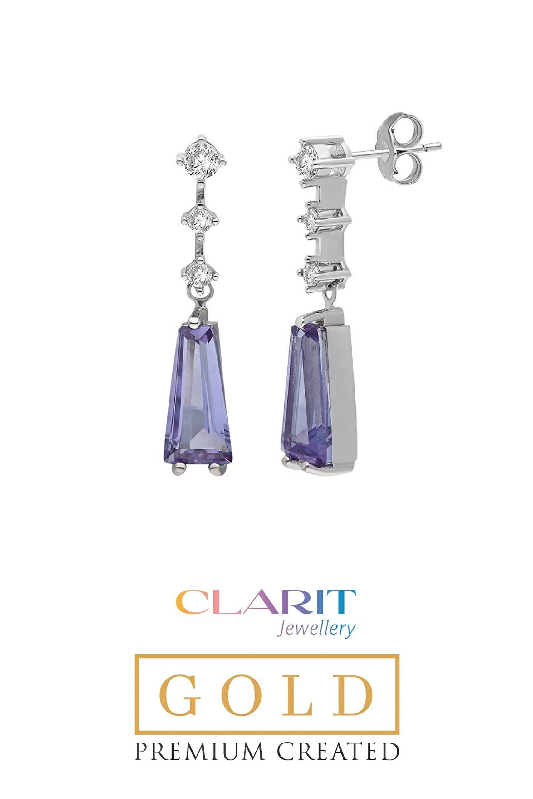 ⁠ Created Alexandrite Taşlı Clarit Serisi Beyaz Altın Trapez Küpe_0}