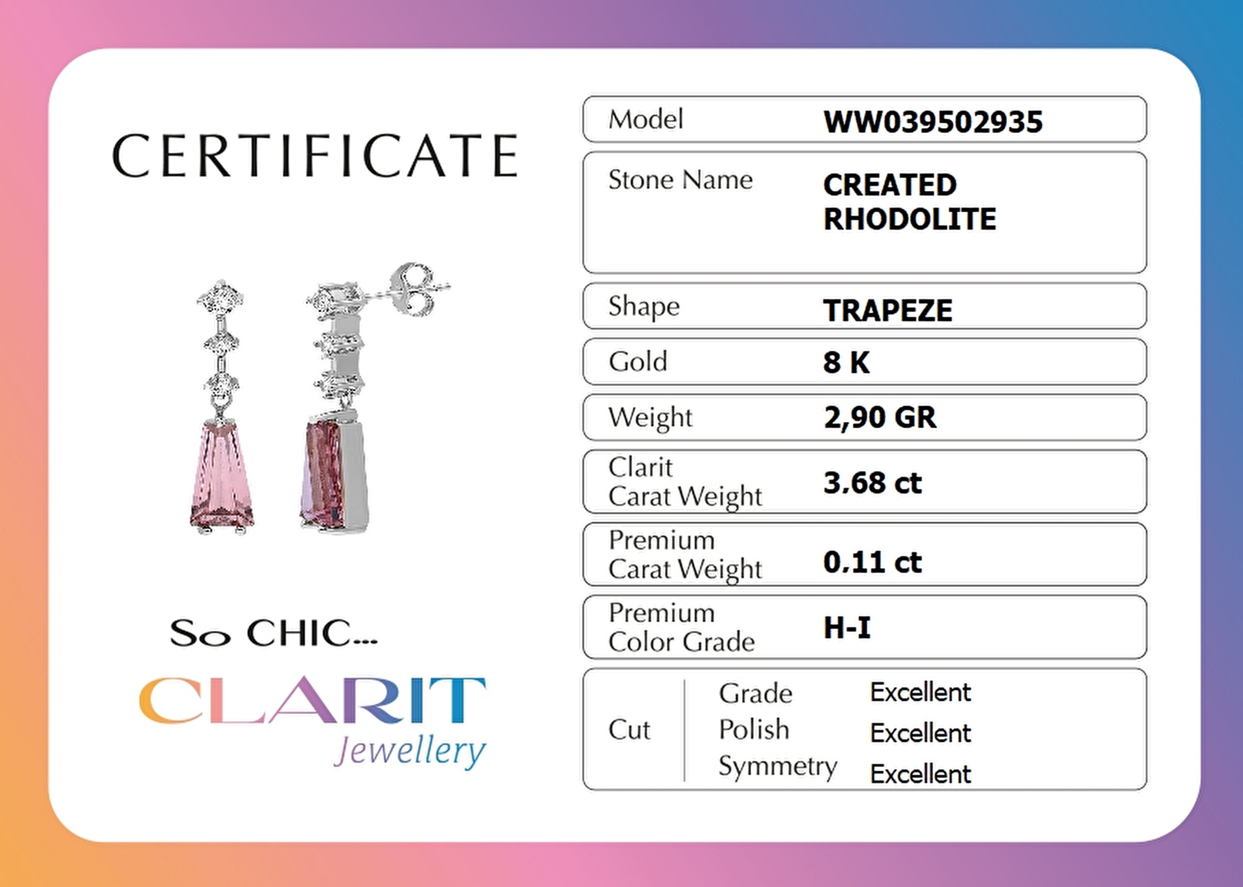 ⁠ Created Rhodolite Taşlı Clarit Serisi 8 Ayar Beyaz Altın Trapez Küpe_2}