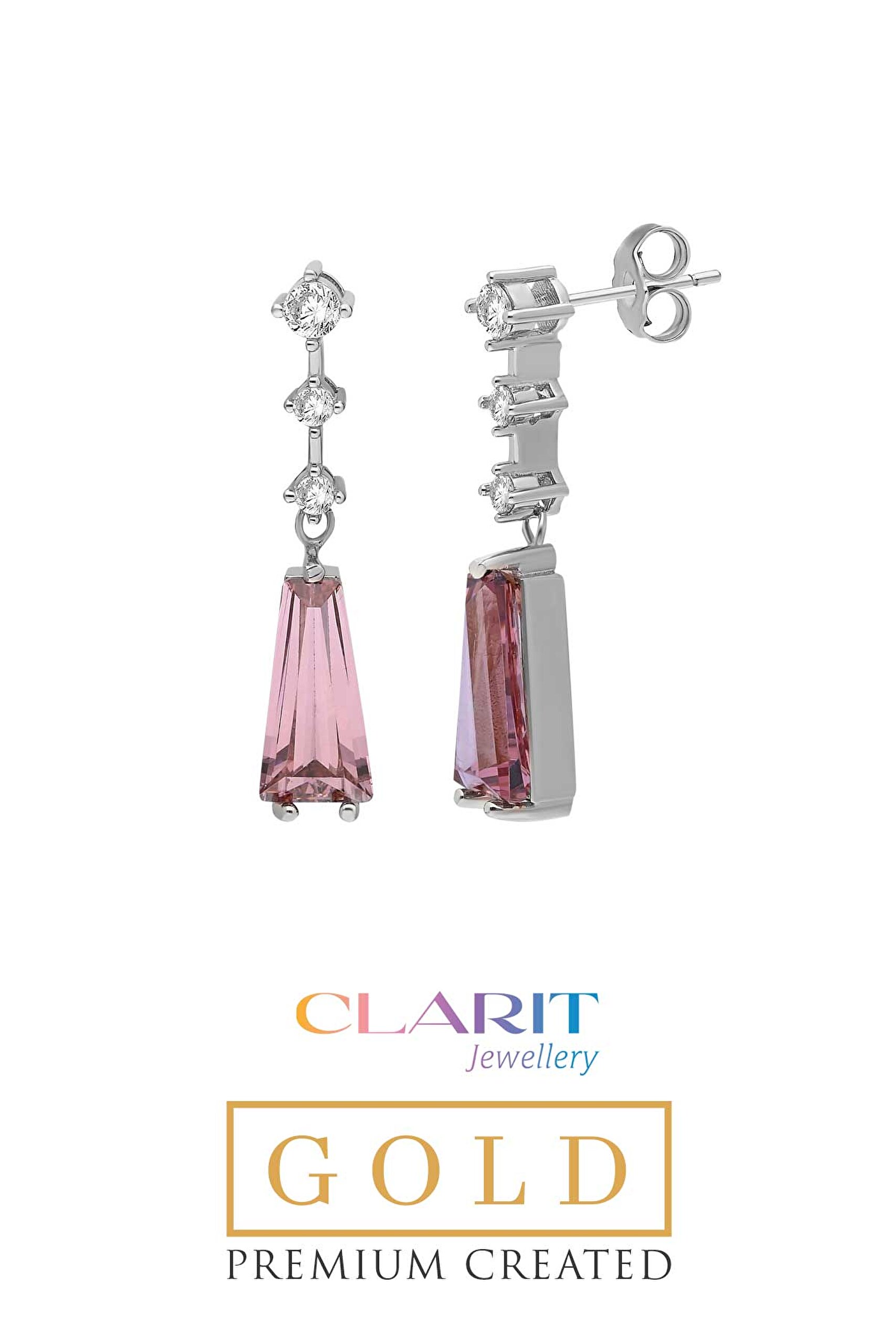 ⁠ Created Rhodolite Taşlı Clarit Serisi 8 Ayar Beyaz Altın Trapez Küpe_0}