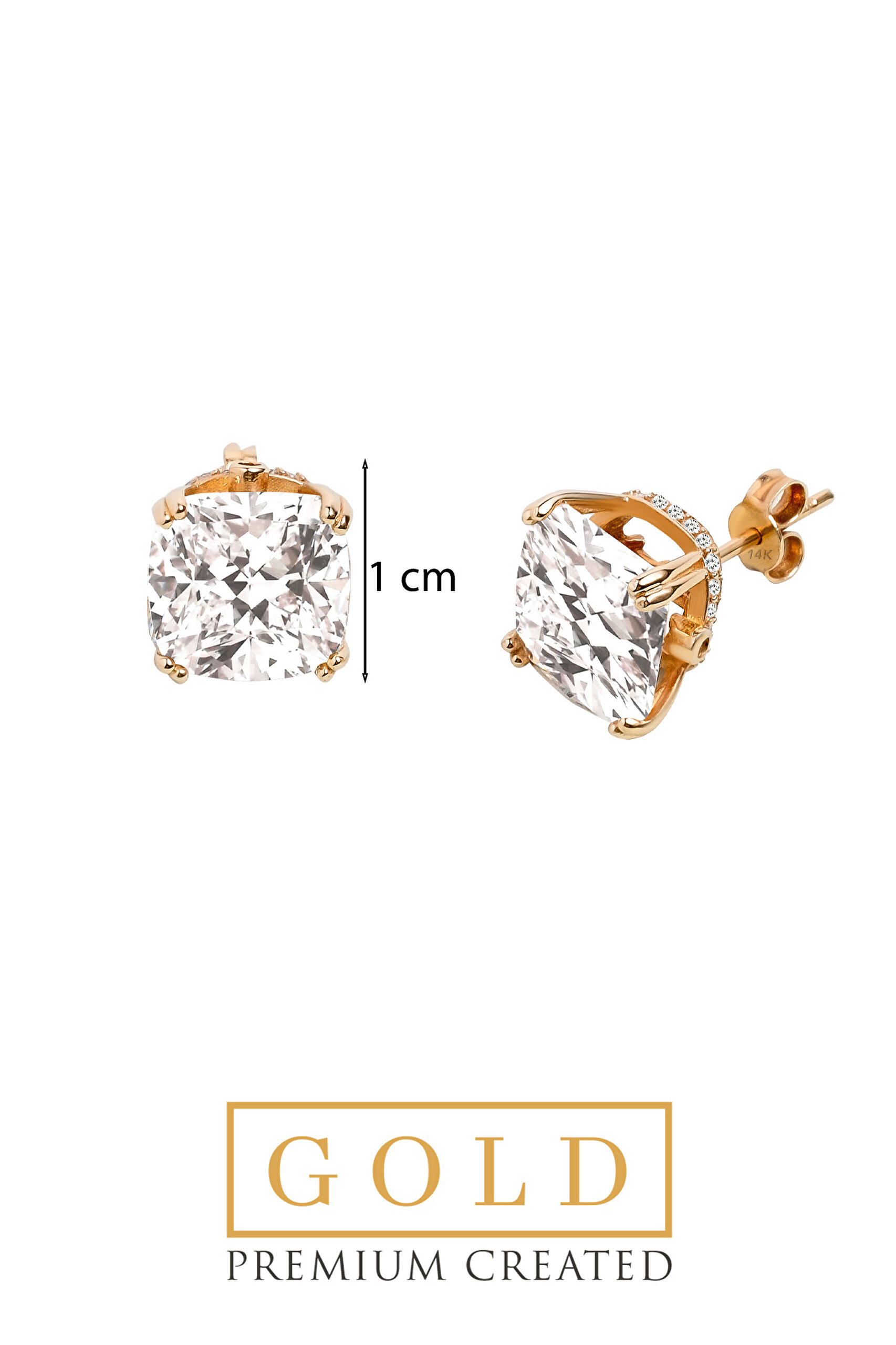 ⁠ 14 Ayar Sarı Altın Sertifikalı Premium Created Cushion Taşlı Tektaş Küpe_2}
