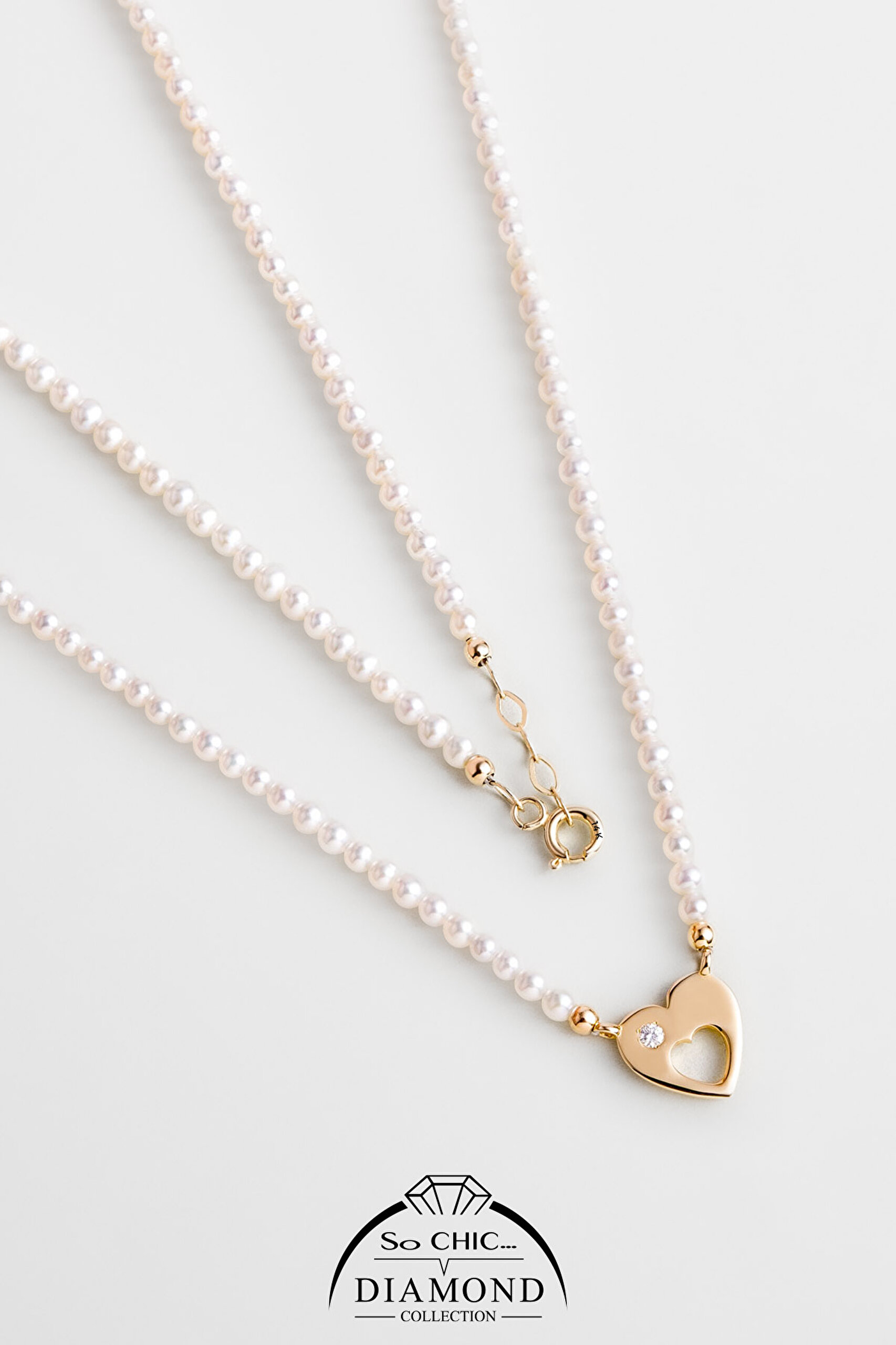 ⁠ Diamond Collection 14 K Sarı Altın 0.03 Karat Pırlanta Doğal İnci Kolye_0}