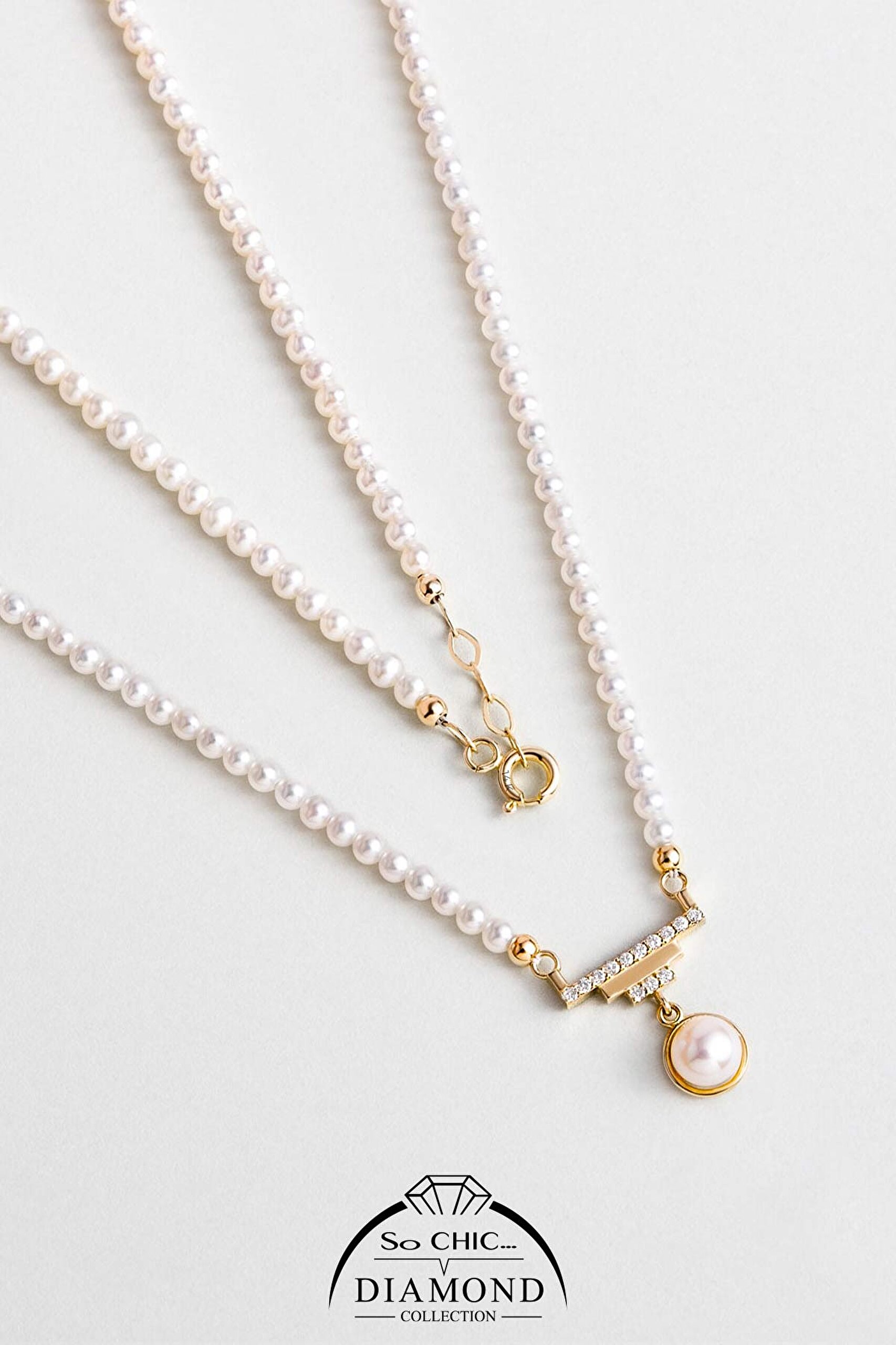 ⁠ Diamond Collection 14 K Sarı Altın 0,09 Karat Pırlanta Doğal İnci Kolye_0}