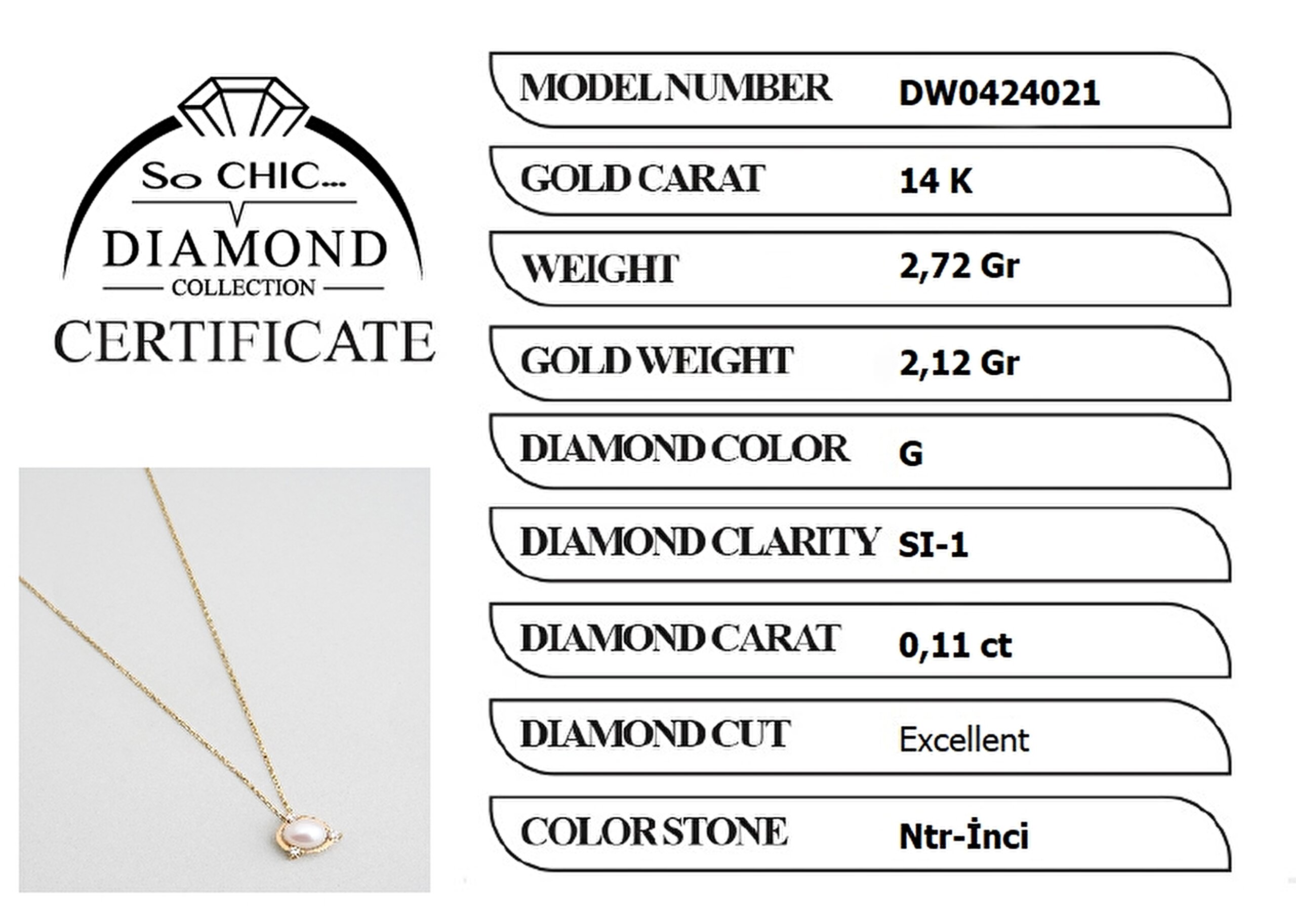⁠ Diamond Collection 14 K Sarı Altın 0,11 Karat Pırlanta Doğal İnci Kolye_5}