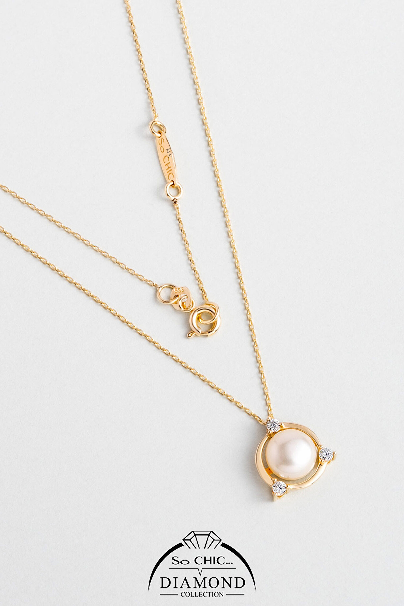 ⁠ Diamond Collection 14 K Sarı Altın 0,11 Karat Pırlanta Doğal İnci Kolye_0}