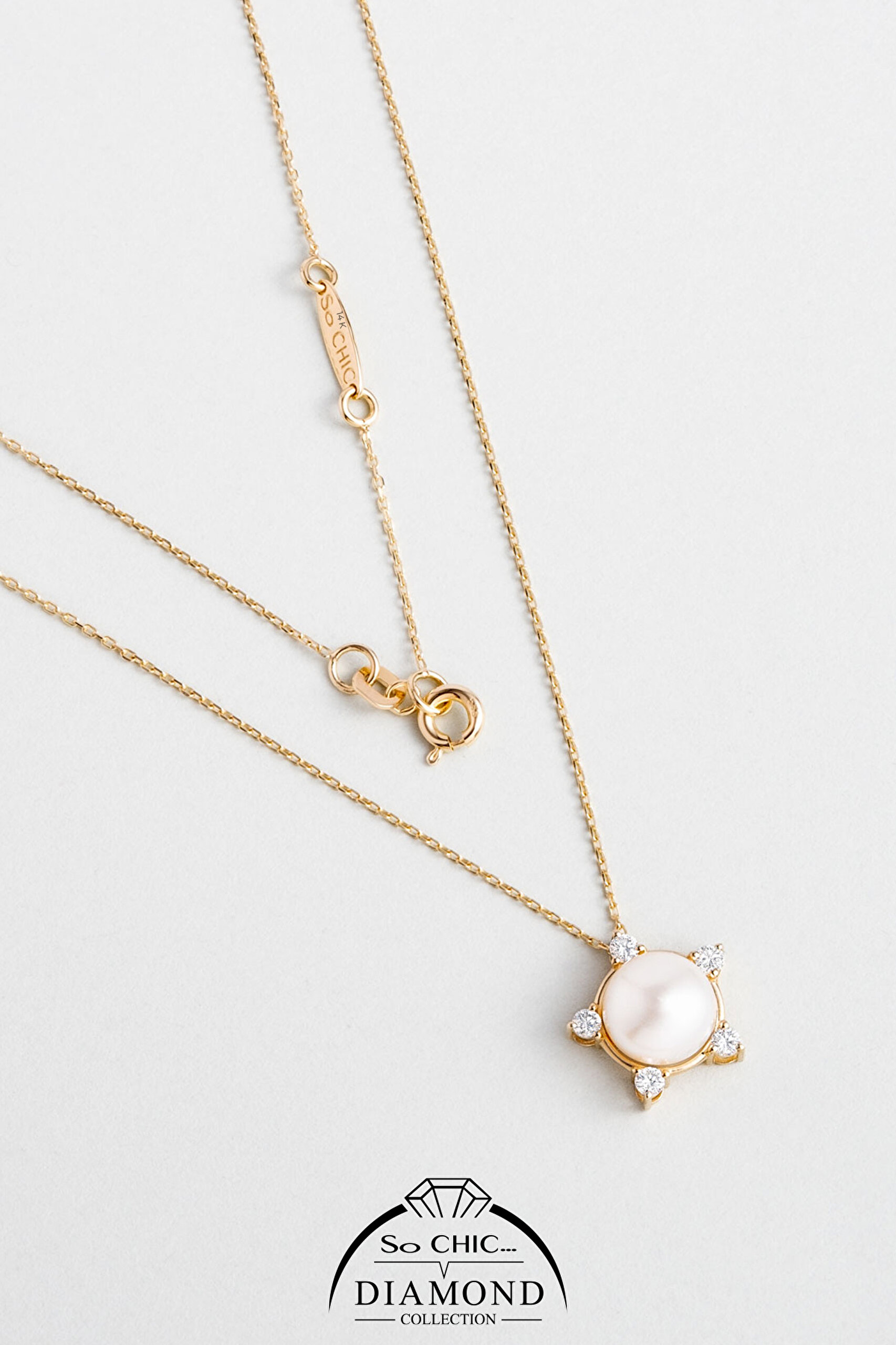 ⁠ Diamond Collection 14 K Sarı Altın 0,17 Karat Pırlanta Doğal İnci Kolye_0}