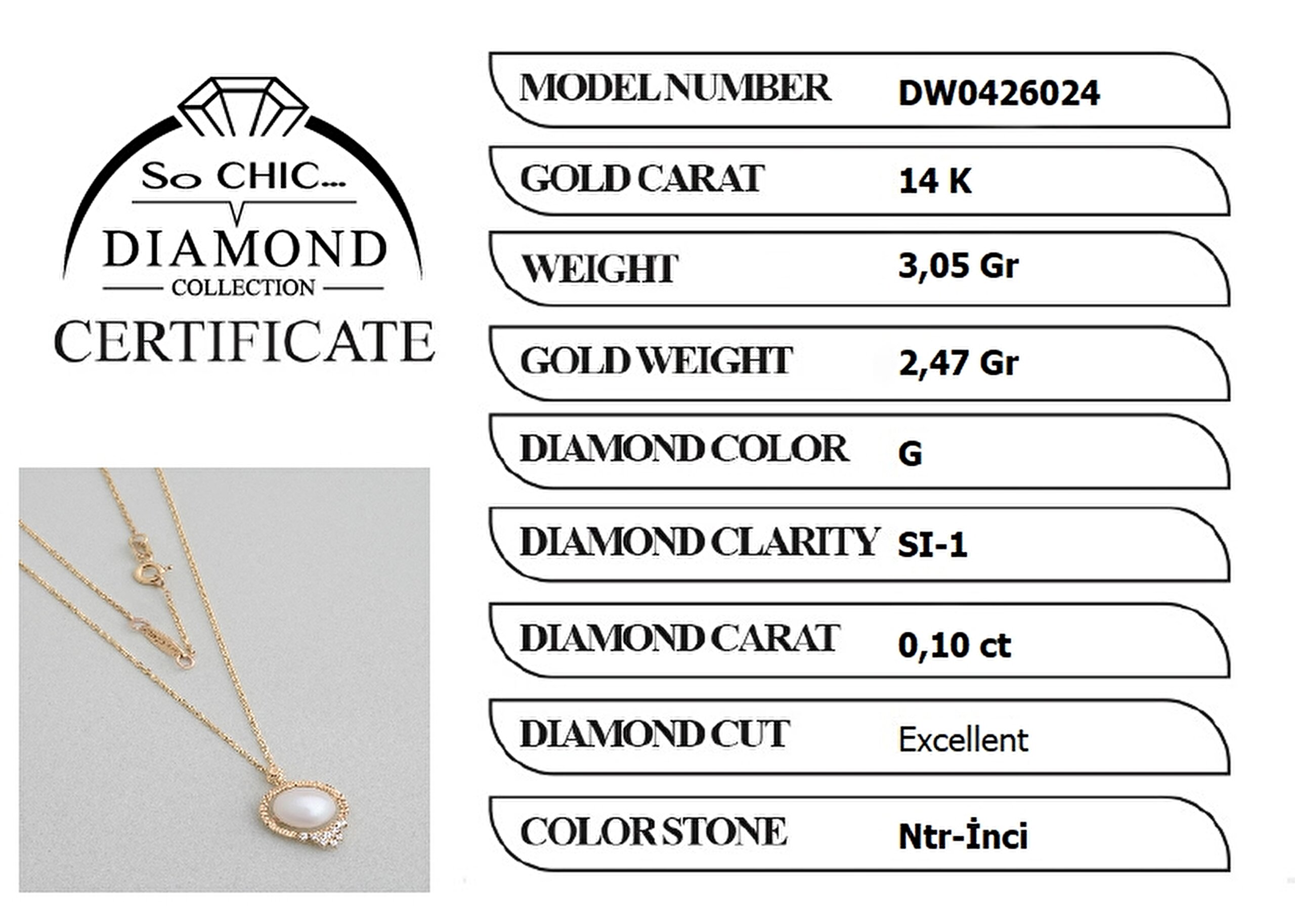 ⁠ Diamond Collection 14 K Sarı Altın 0,10 Karat Pırlanta Doğal İnci Kolye_4}