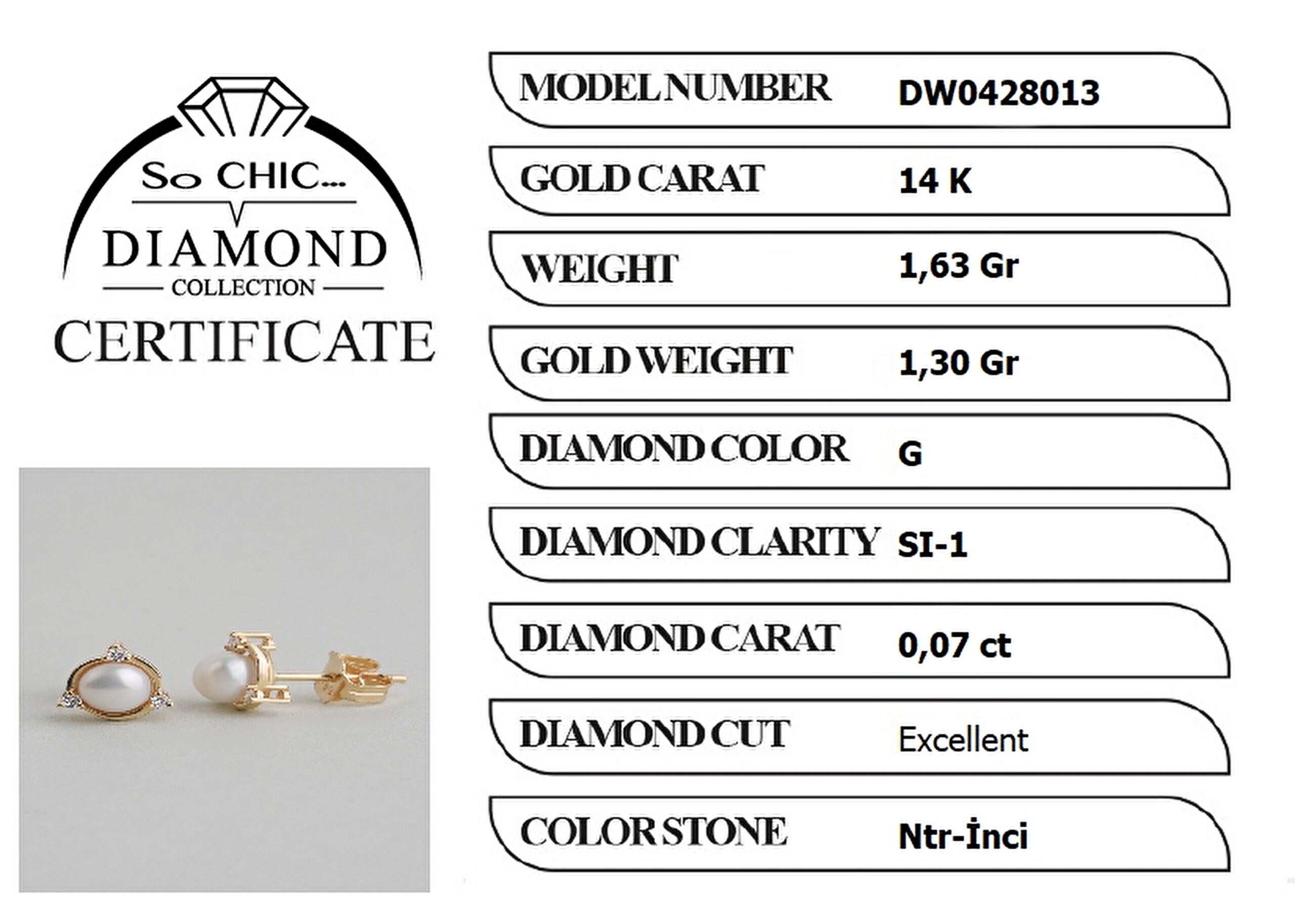 ⁠ Diamond Collection 14 K Sarı Altın 0,07 Karat Pırlanta Doğal İnci Küpe_4}