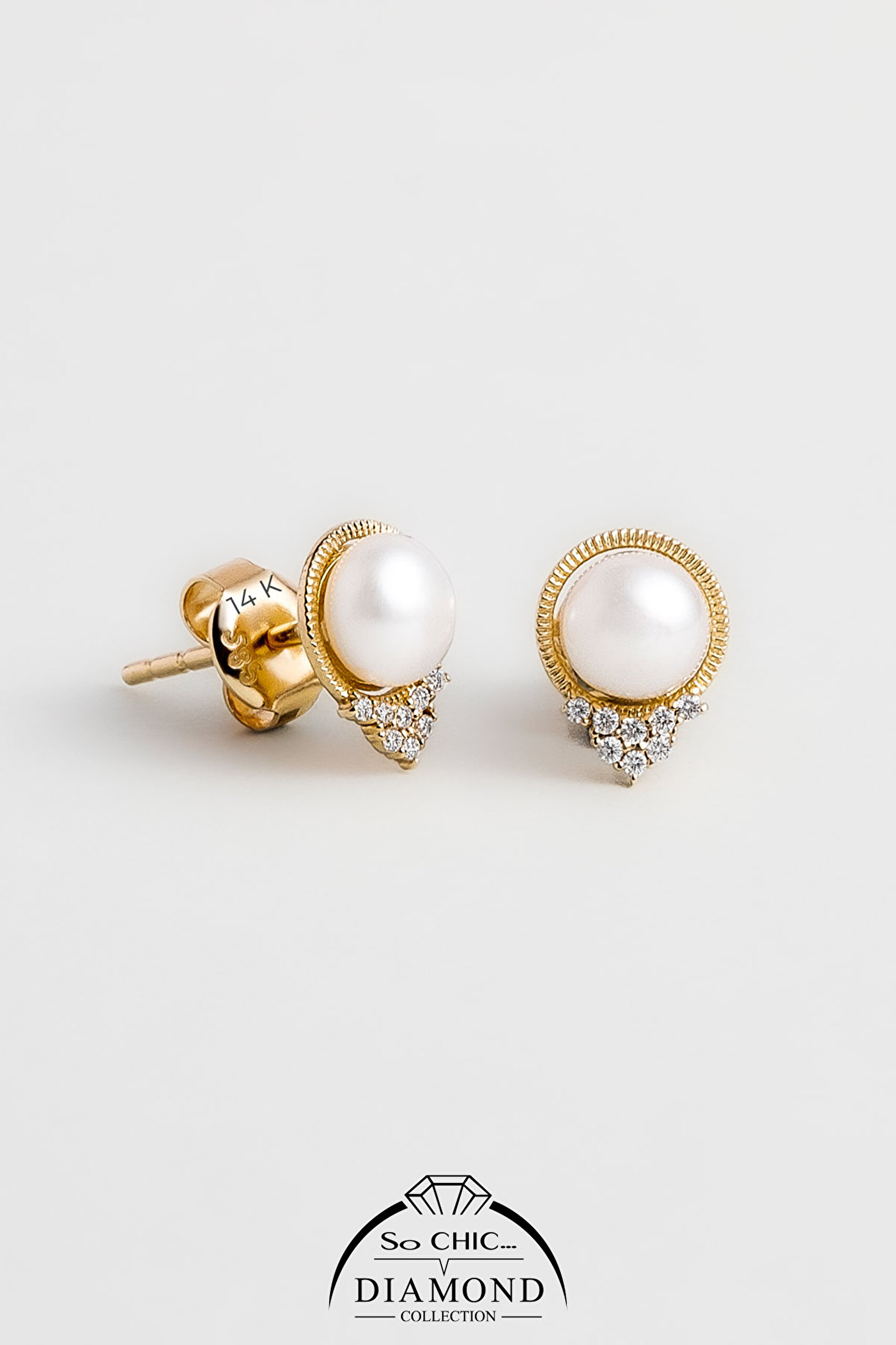 ⁠ Diamond Collection 14 K Sarı Altın 0,04 Karat Pırlanta Doğal İnci Küpe_0}