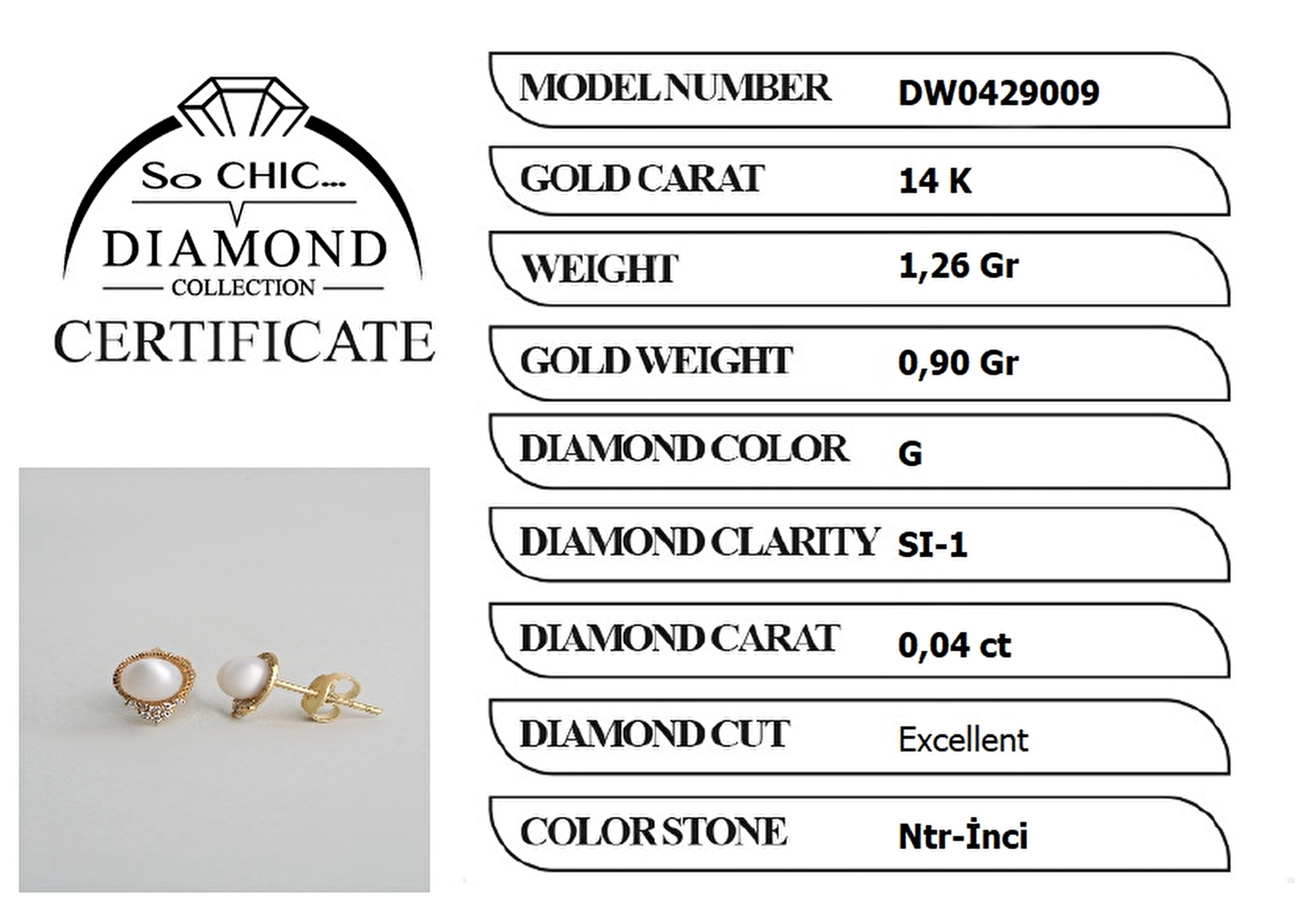 ⁠ Diamond Collection 14 K Sarı Altın 0,04 Karat Pırlanta Doğal İnci Küpe_4}