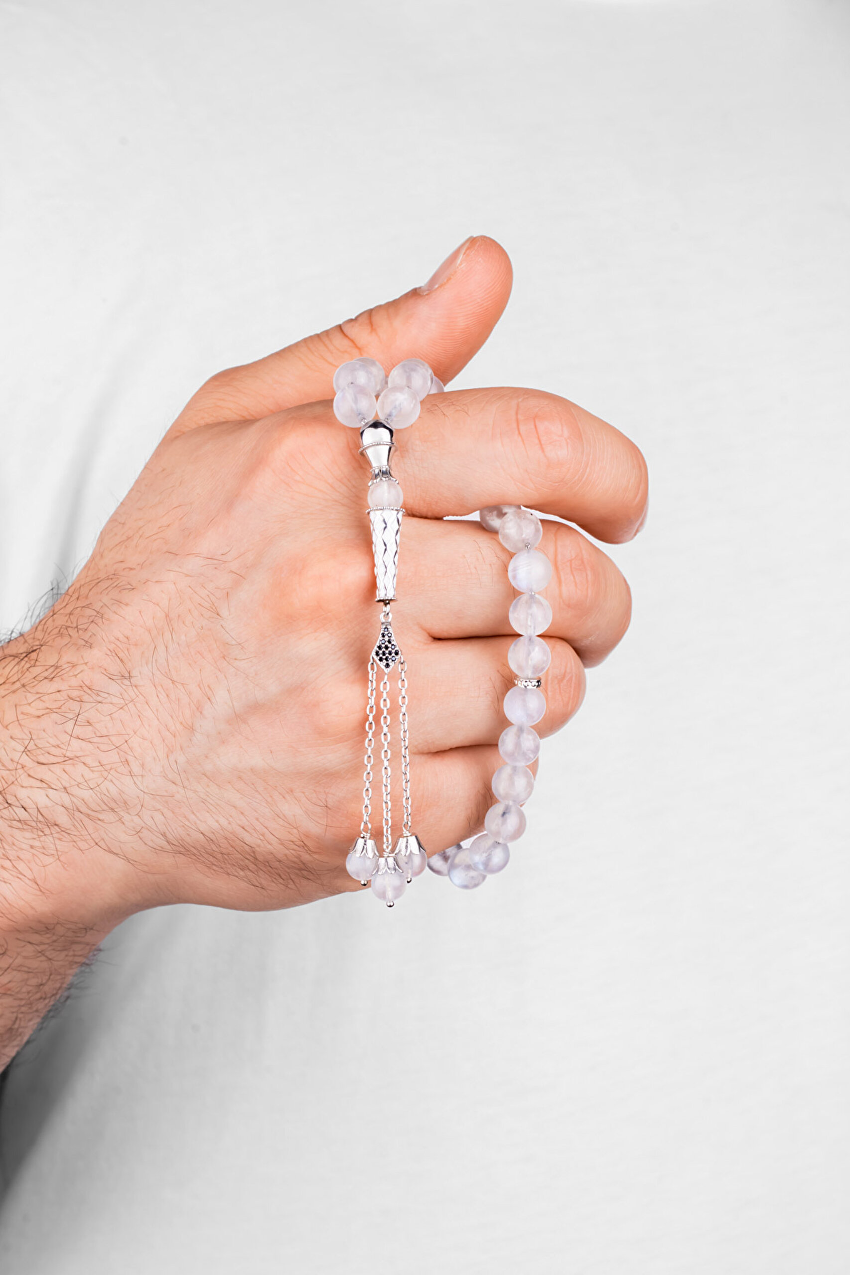 ⁠ Ay Taşlı 18 Ayar Beyaz Altın Kaplama Gümüş 22 Cm Tespih_5}