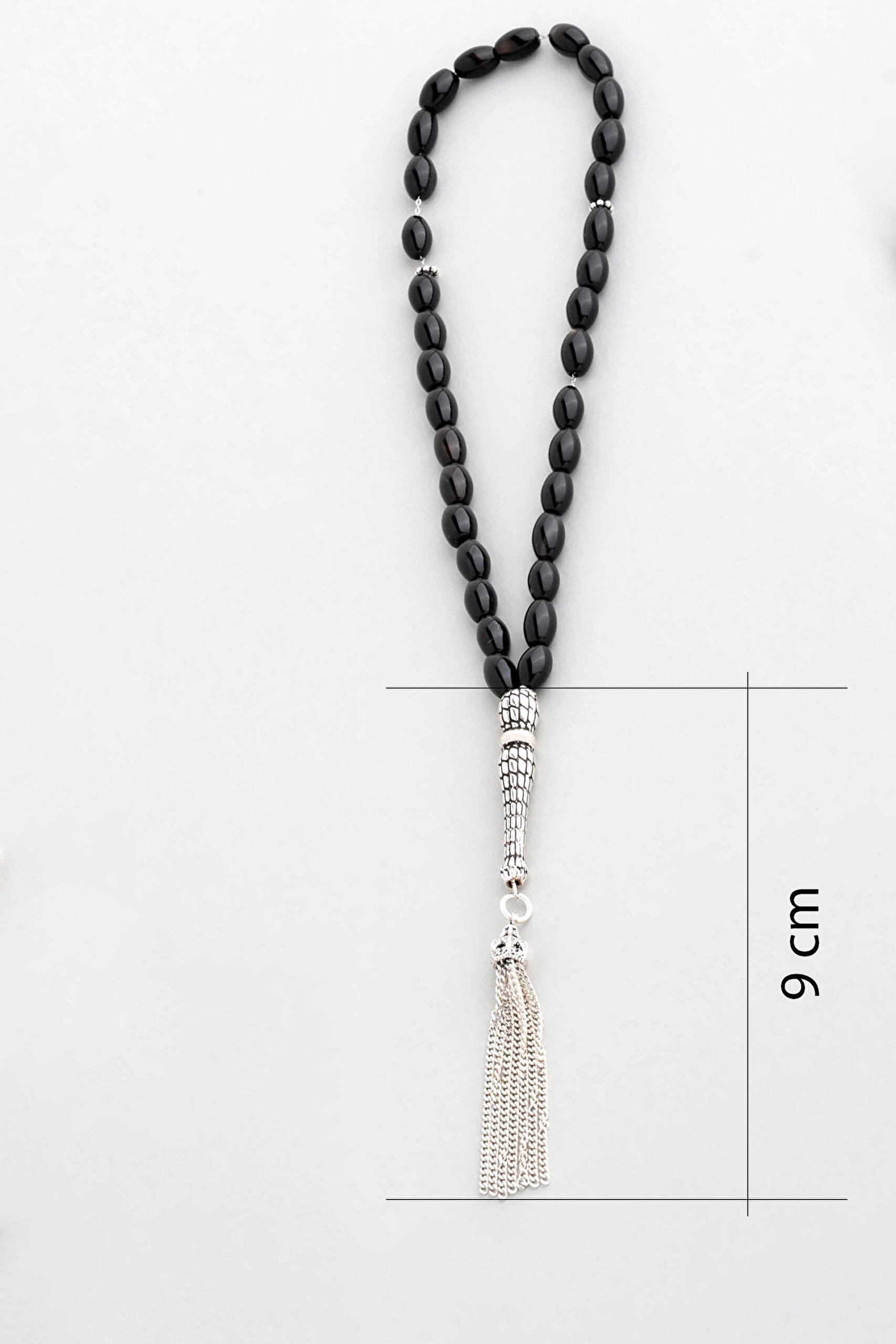 ⁠ Doğal Oniks Taşlı 18 Ayar Beyaz Altın Kaplama 25 Cm Gümüş Tesbih_1}