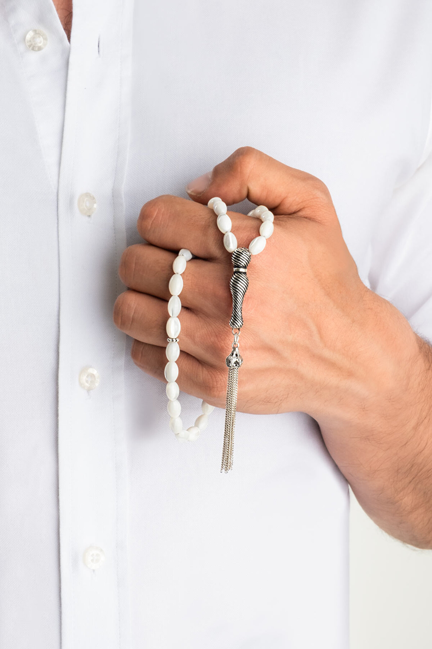 ⁠ Arpa Kesim Doğal Sedef Taşlı Gümüş 25 Cm Tesbih_3}