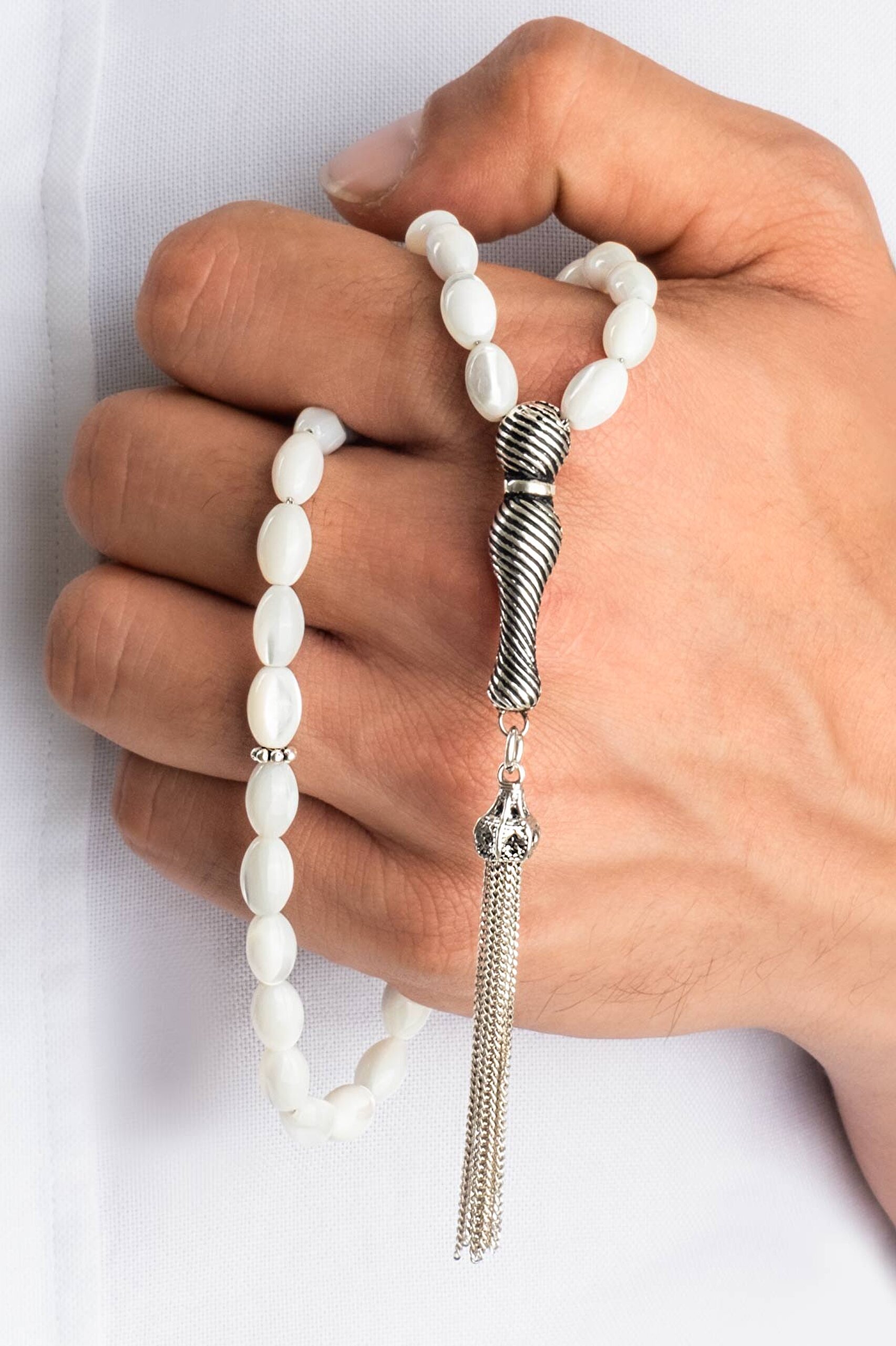 ⁠ Arpa Kesim Doğal Sedef Taşlı Gümüş 25 Cm Tesbih_1}