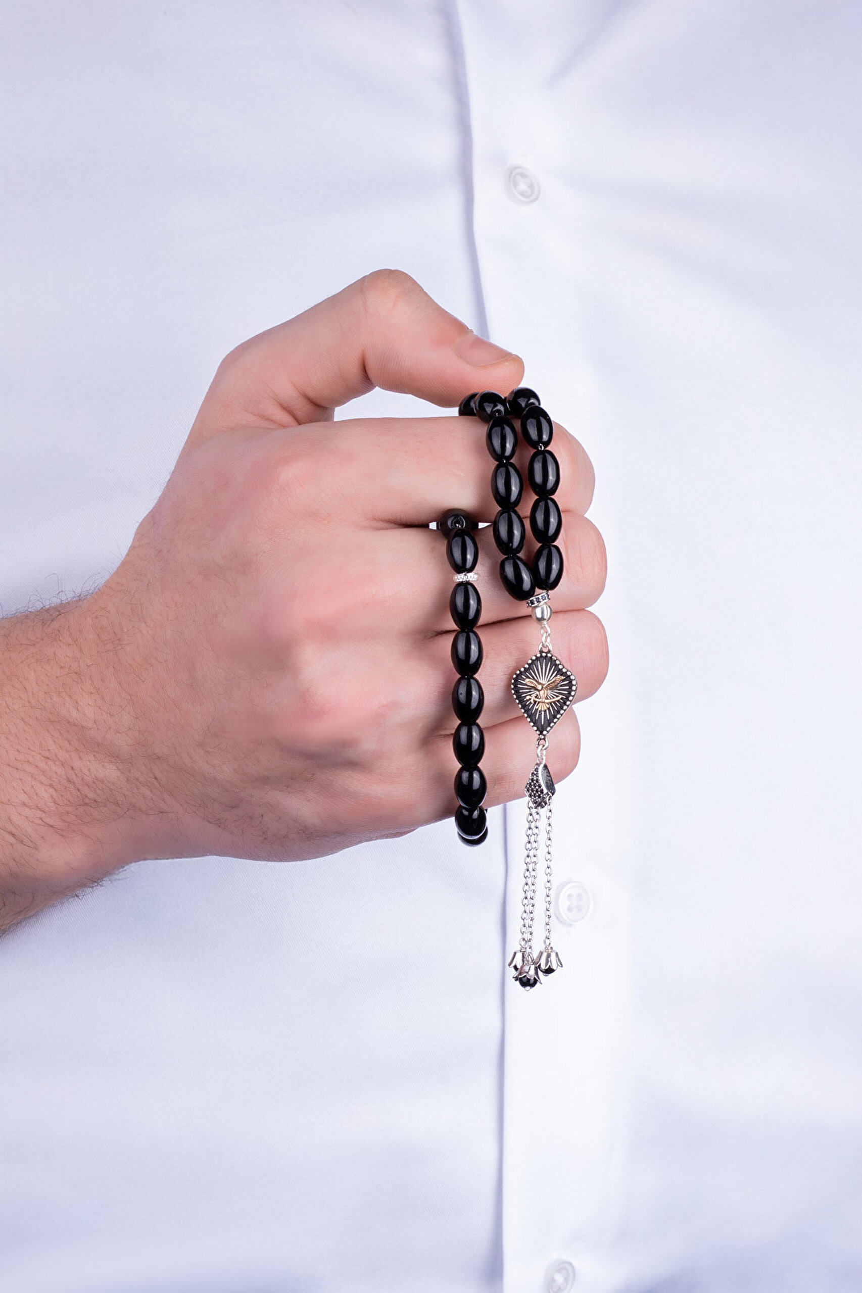 Oniks Taşlı Kartal Figürlü 23 Cm Gümüş Tesbih - 3