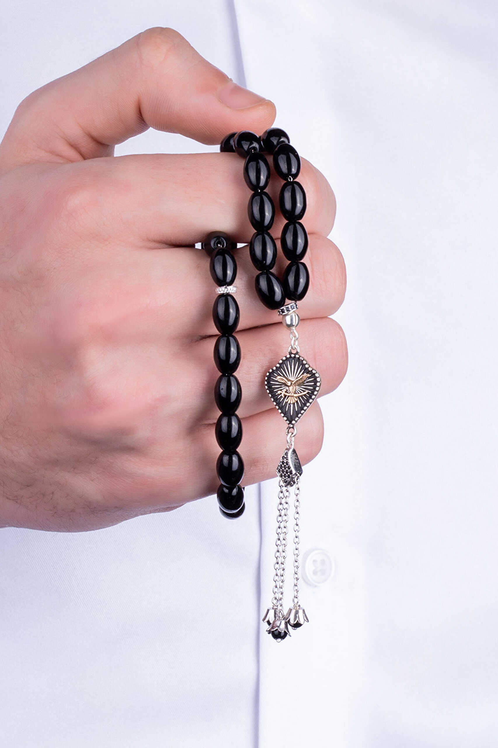 Oniks Taşlı Kartal Figürlü 23 Cm Gümüş Tesbih - 1