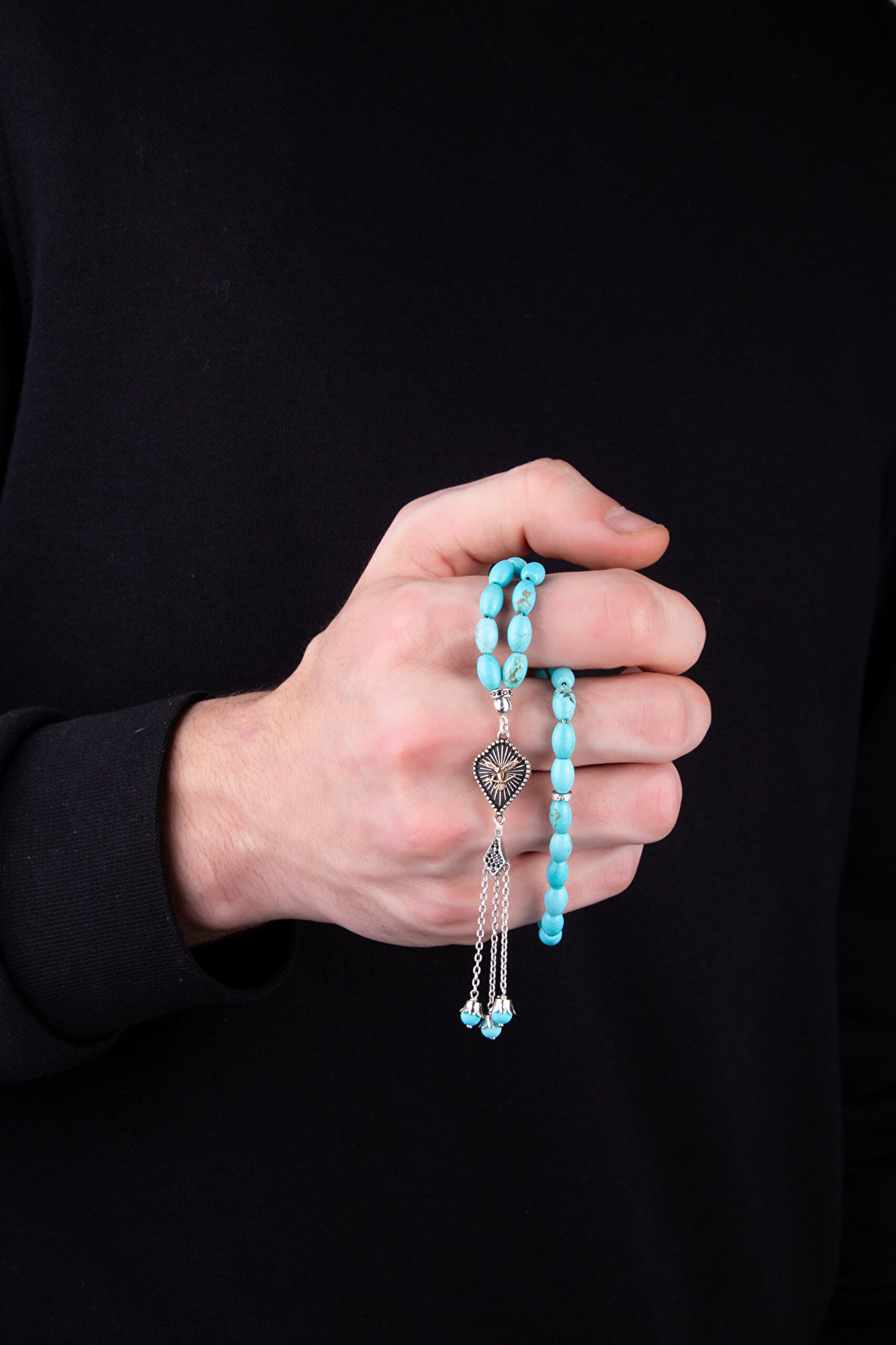 Turkuaz Firuze Taşlı  Gümüş Kartal Figürlü 22 Cm Tesbih - 3