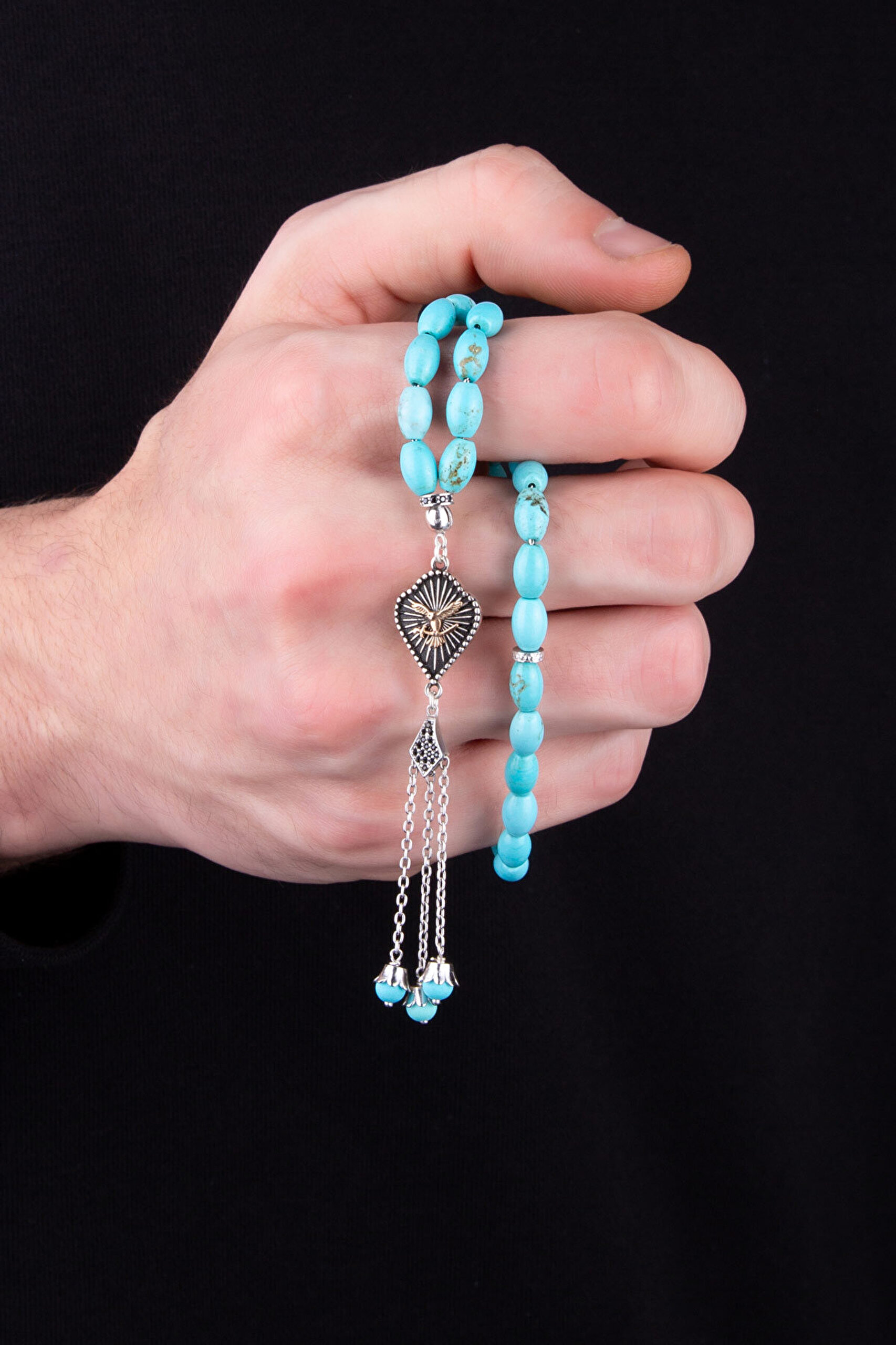 Turkuaz Firuze Taşlı  Gümüş Kartal Figürlü 22 Cm Tesbih - 1