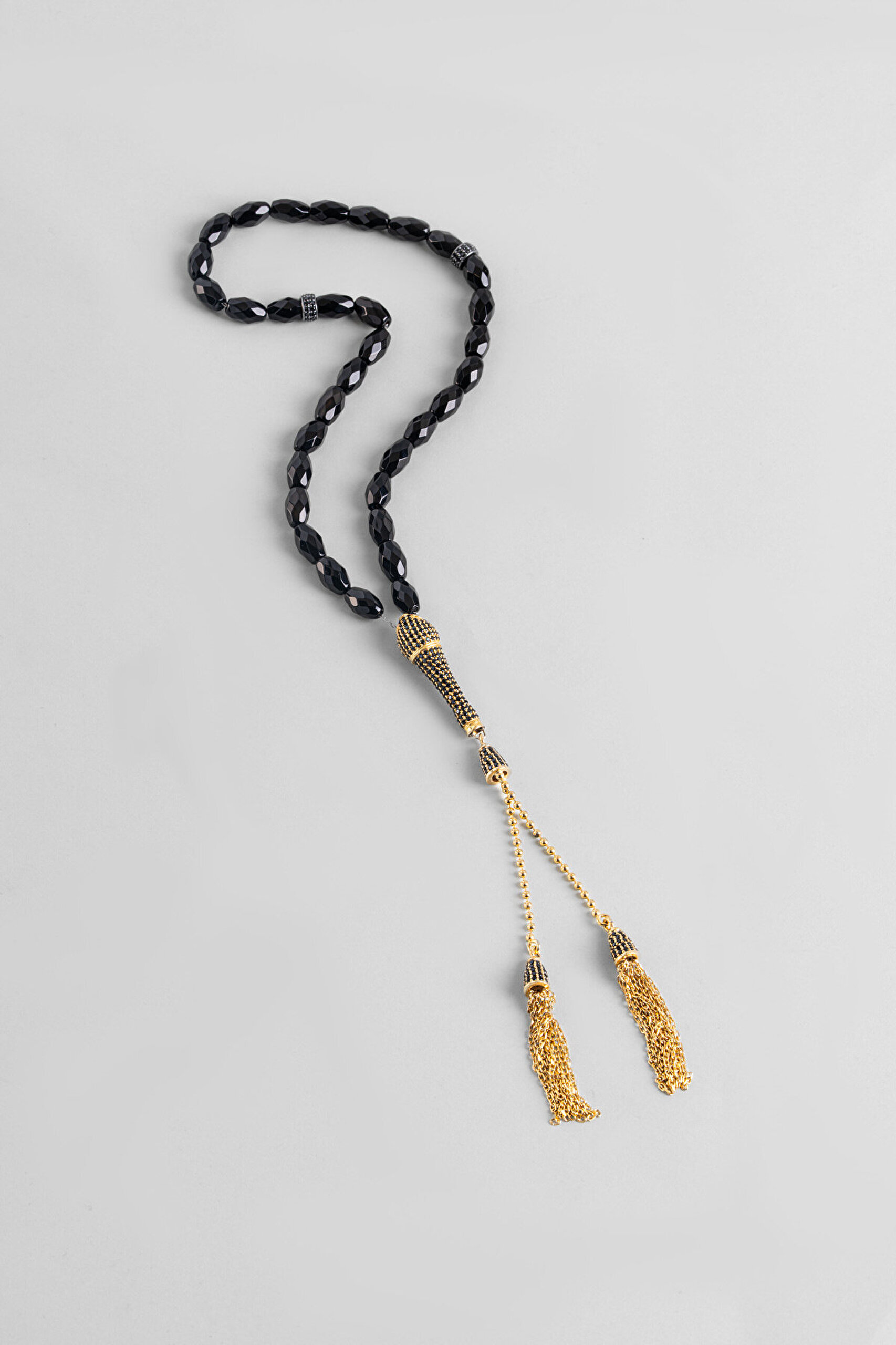 Oniks Taşlı 18 Ayar Sarı Altın Kaplama Gümüş Tesbih - 0