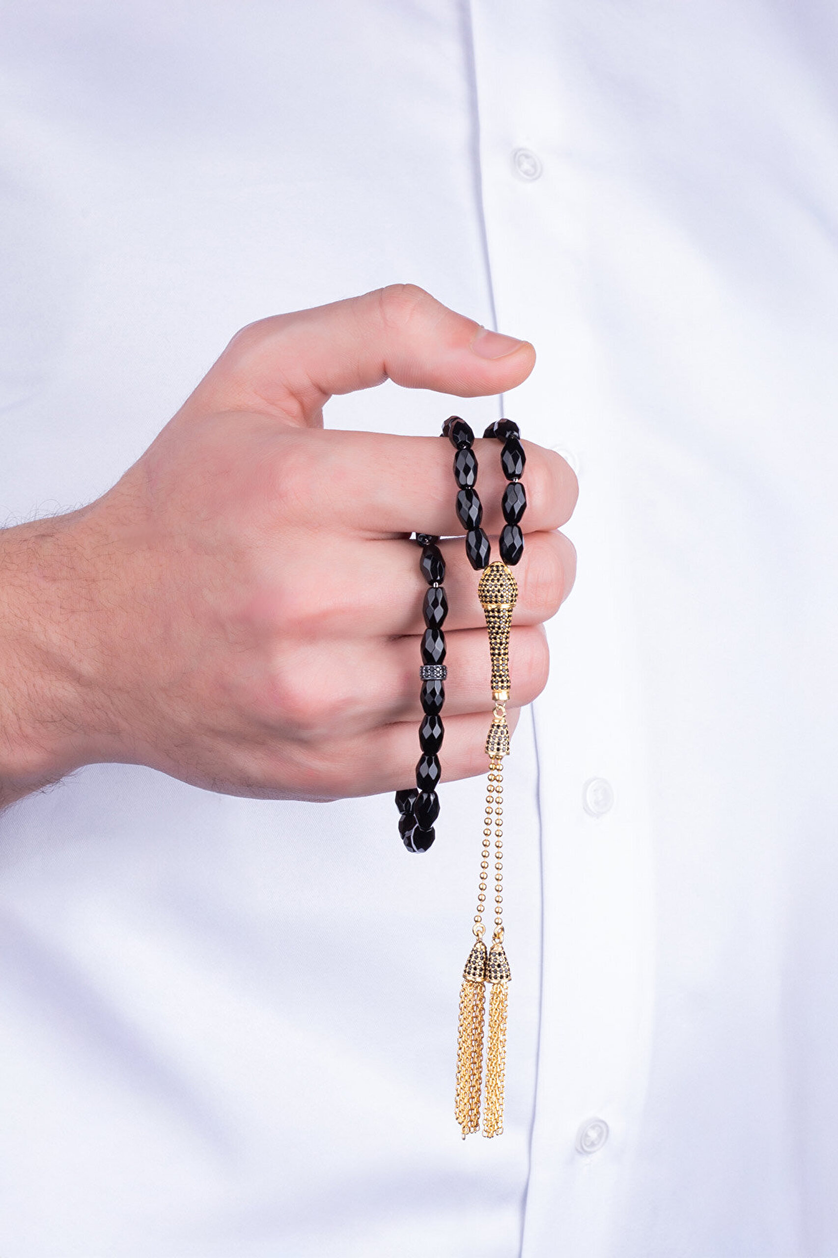 Oniks Taşlı 18 Ayar Sarı Altın Kaplama Gümüş Tesbih - 3