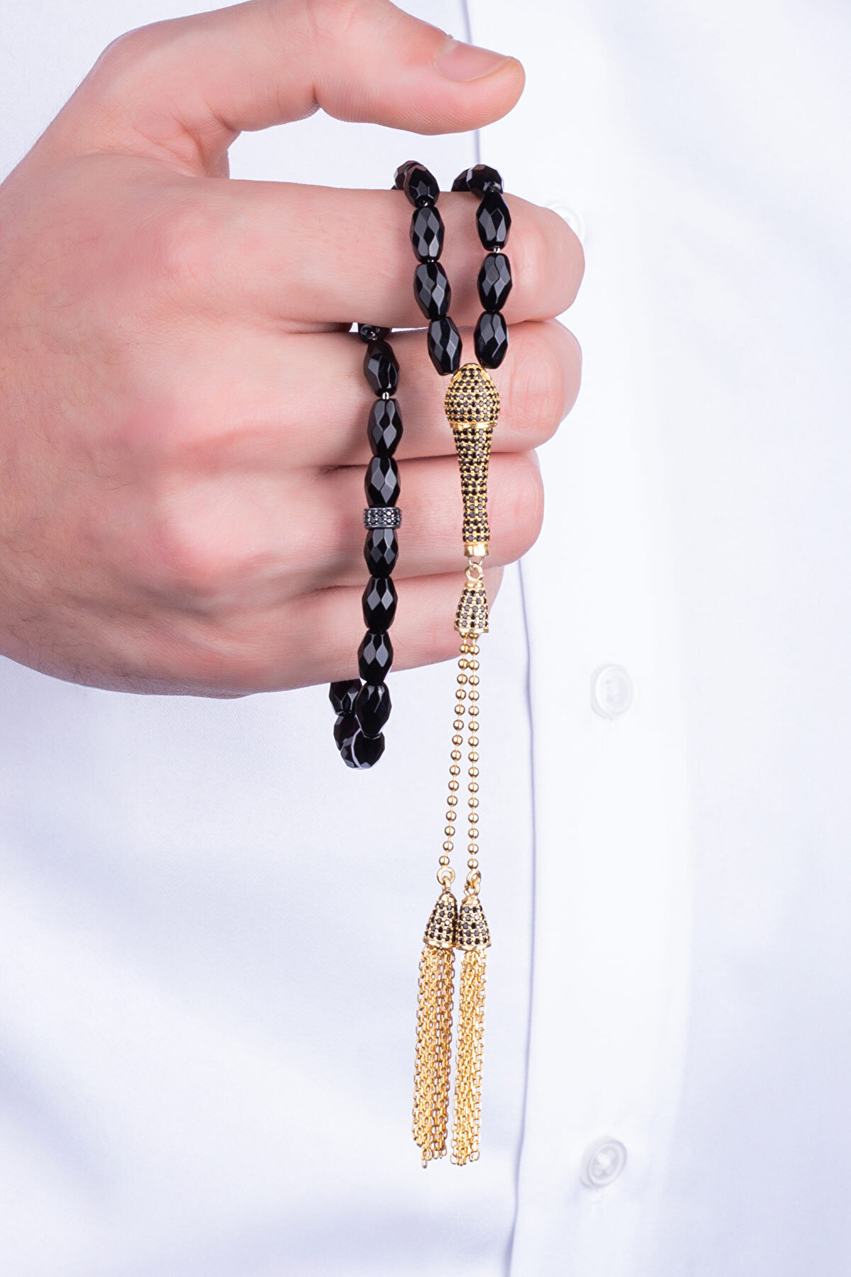 Oniks Taşlı 18 Ayar Sarı Altın Kaplama Gümüş Tesbih - 1