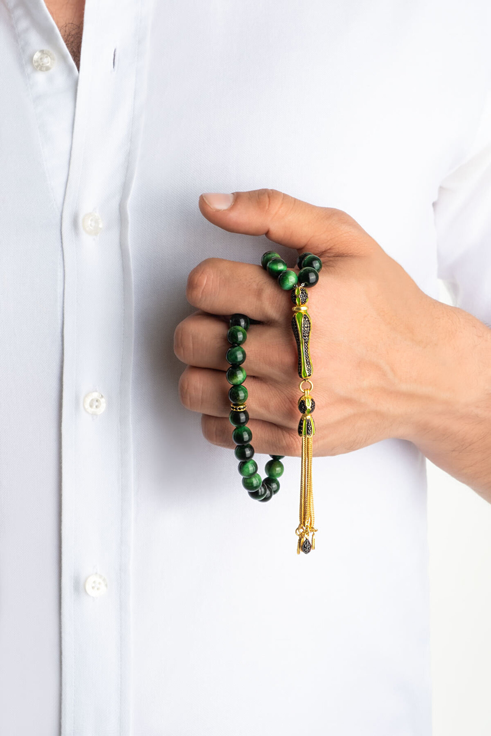 Doğal Kaplan Gözü Taşlı 18 Ayar Sarı Altın Kaplama 25 Cm Gümüş Tesbih - 2