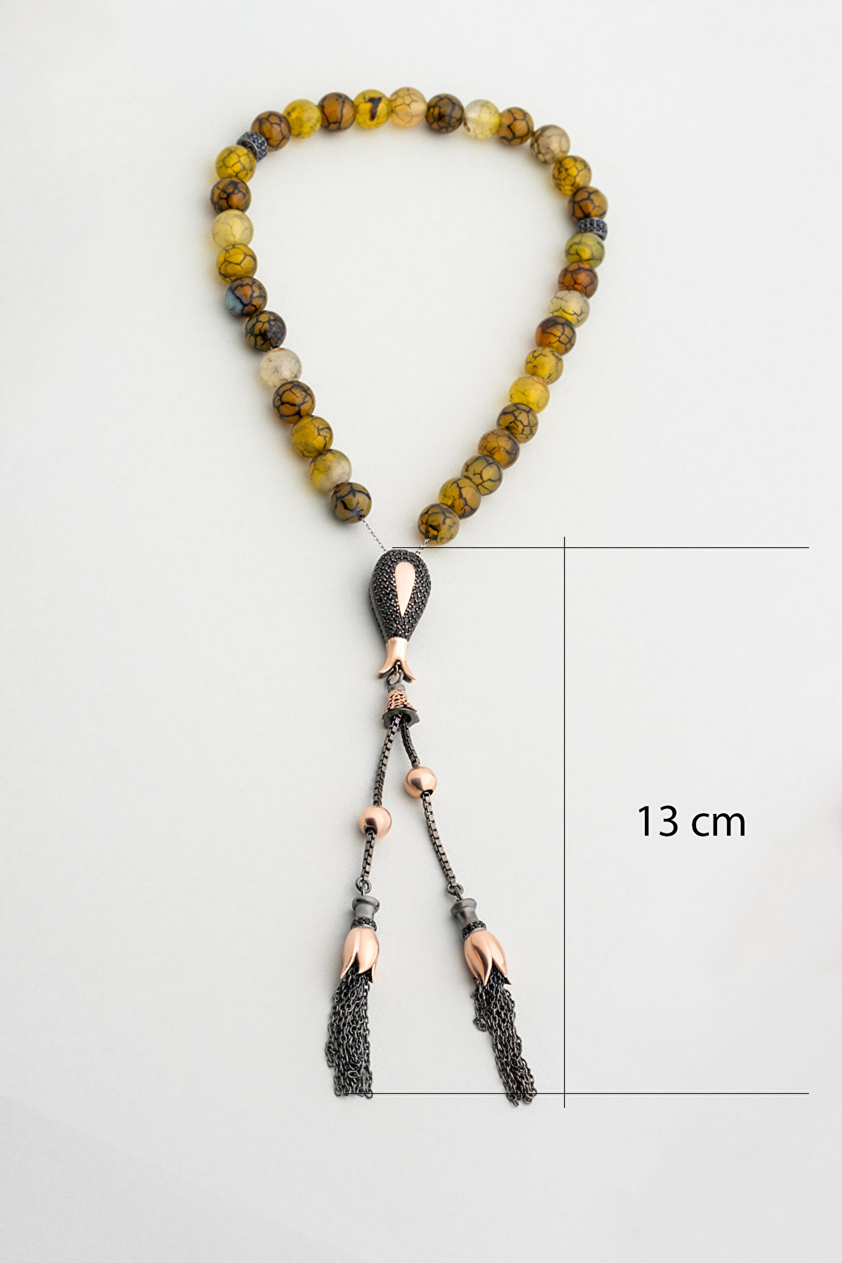 ⁠ Doğal Ejderha Akiği Taşlı Siyah Rodyum Kaplama Gümüş Lale Figürlü 27 Cm Tesbih_2}