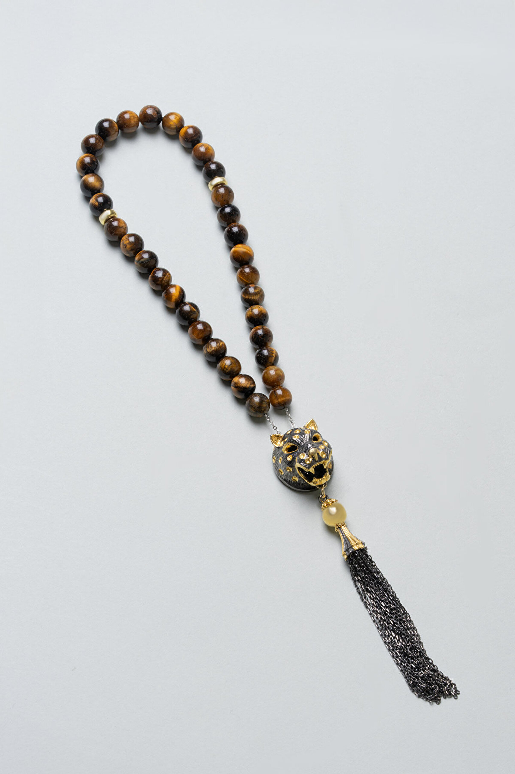 Doğal Kaplan Gözü Taşlı Siyah Rodyum Kaplama Gümüş 25 Cm Tesbih - 0