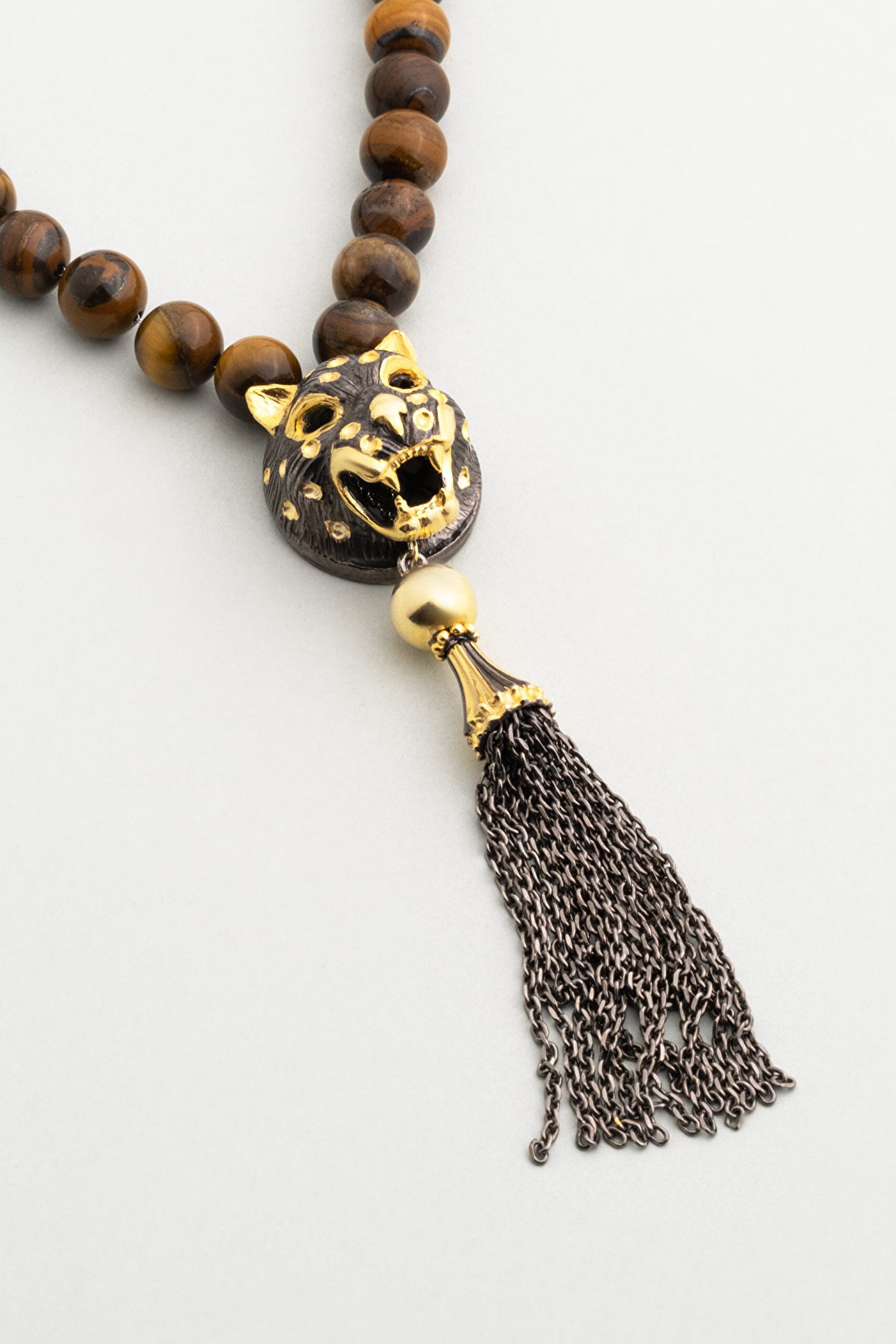 ⁠ Doğal Kaplan Gözü Taşlı Siyah Rodyum Kaplama Gümüş Kaplan Figürlü 25 Cm Tesbih_4}