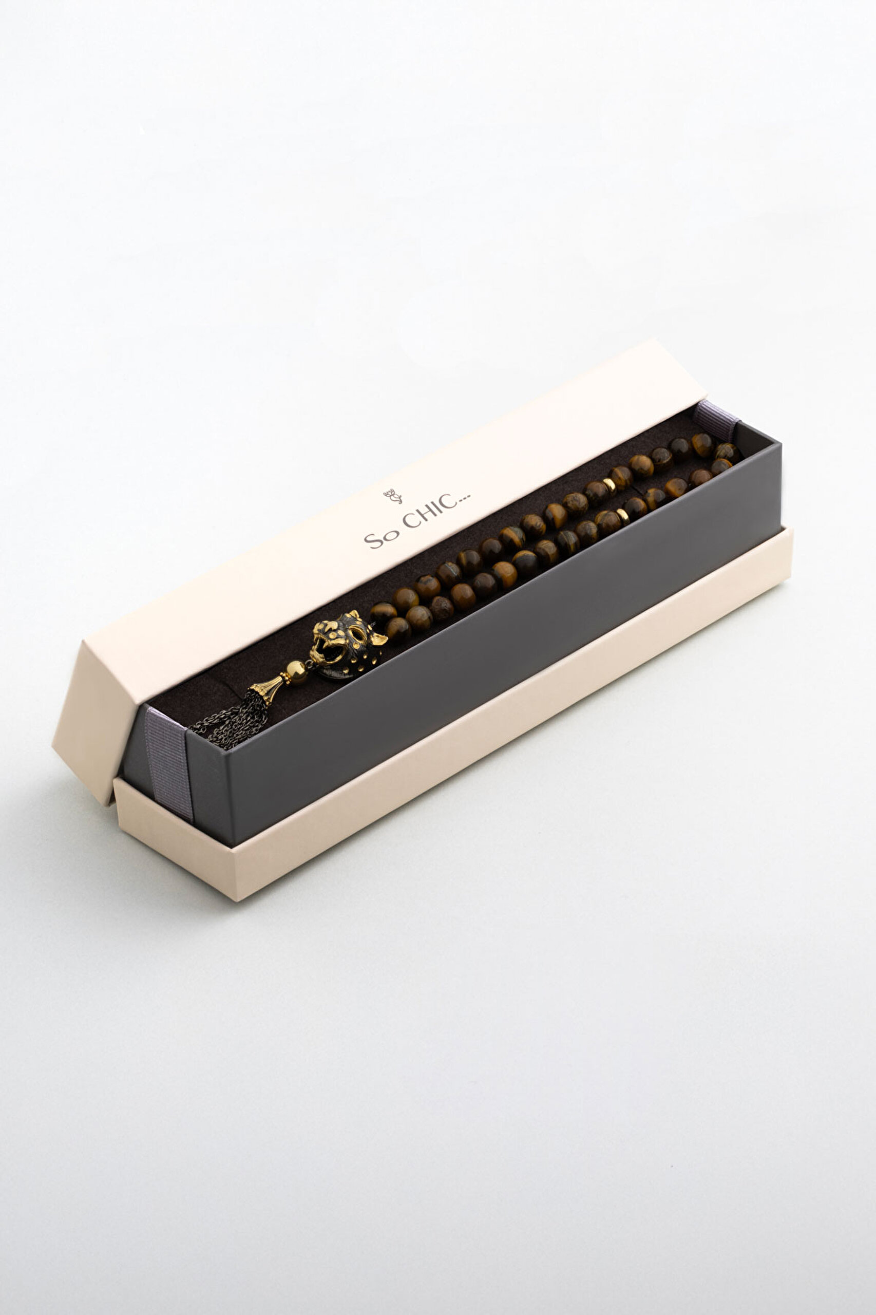 ⁠ Doğal Kaplan Gözü Taşlı Siyah Rodyum Kaplama Gümüş Kaplan Figürlü 25 Cm Tesbih_5}