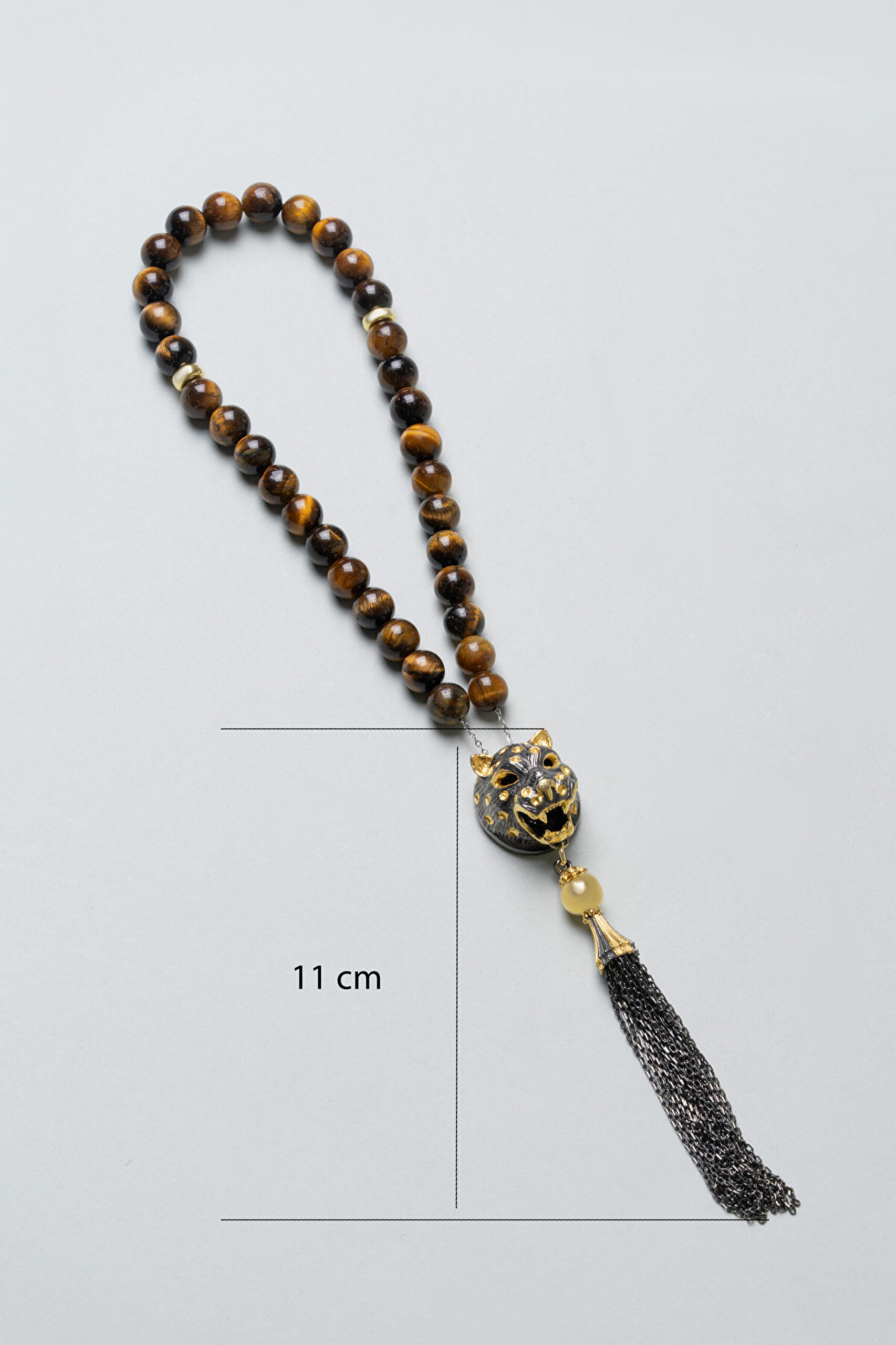 Doğal Kaplan Gözü Taşlı Siyah Rodyum Kaplama Gümüş 25 Cm Tesbih - 2