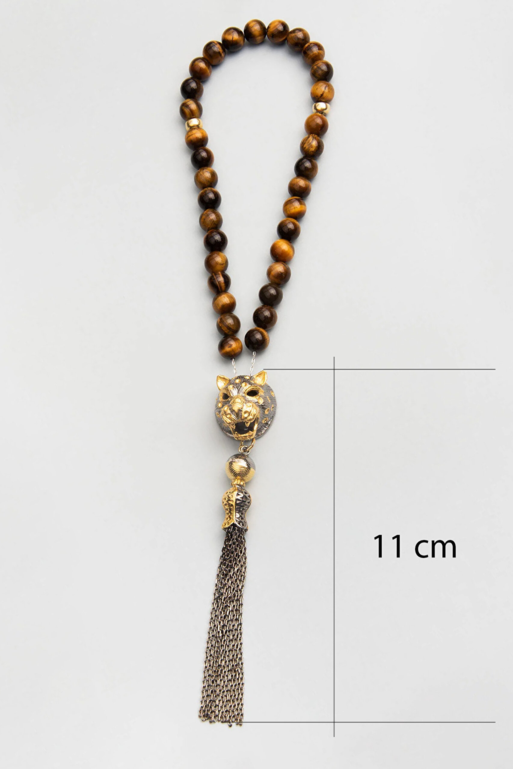 ⁠ Doğal Kaplan Gözü Taşlı Siyah Rodyum Kaplama Gümüş Kaplan Figürlü 25 Cm Tesbih_2}