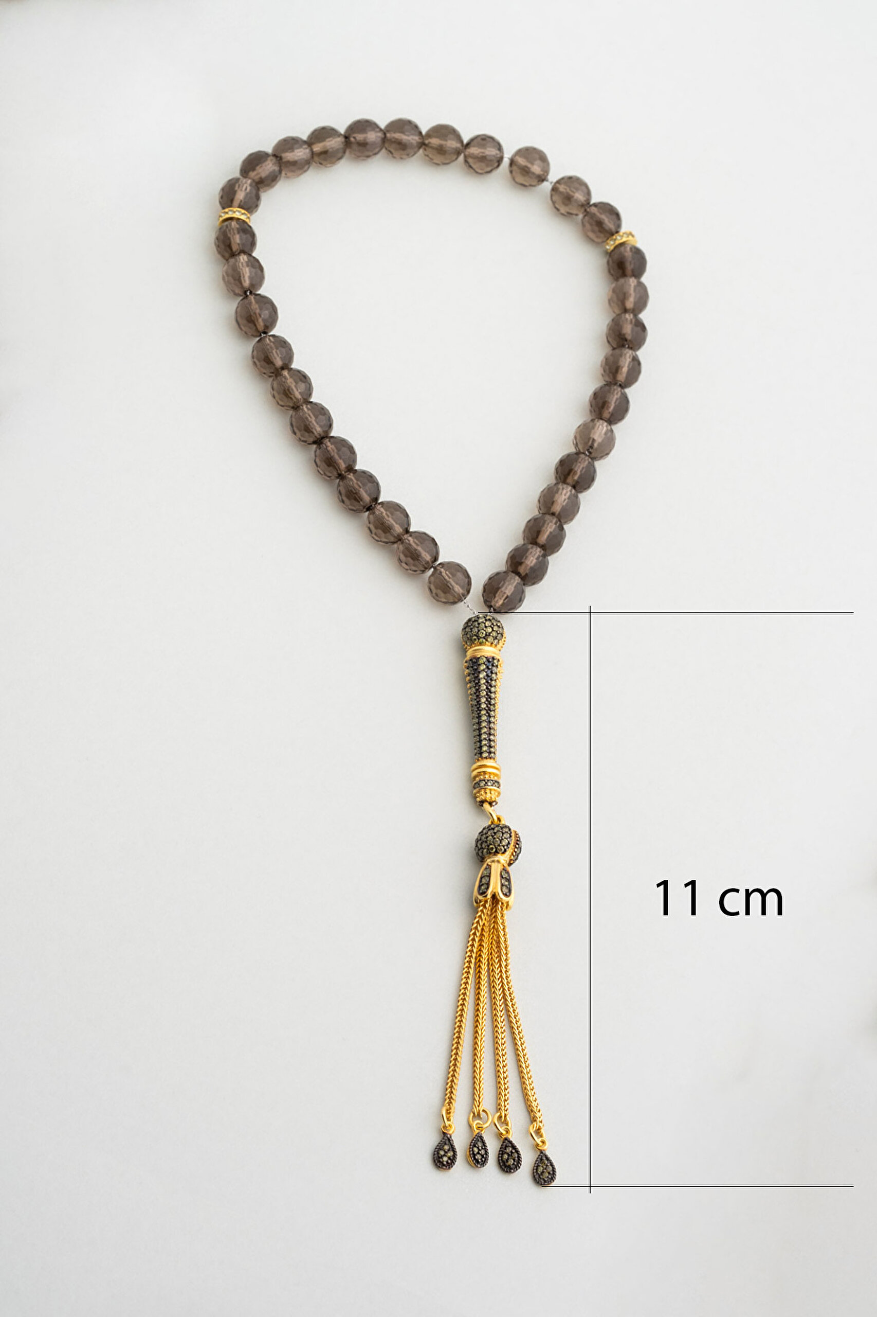 ⁠ Doğal Smoky Taşlı  18 Ayar Sarı Altın Kaplama 26 Cm Gümüş Tesbih_2}