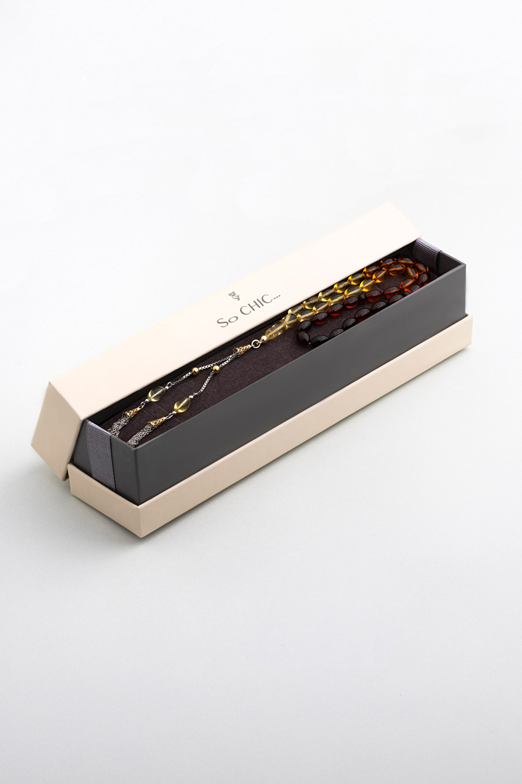 ⁠ Doğal Kehribar Taşlı 18 Ayar Beyaz Altın Kaplama Gümüş Tesbih_4}