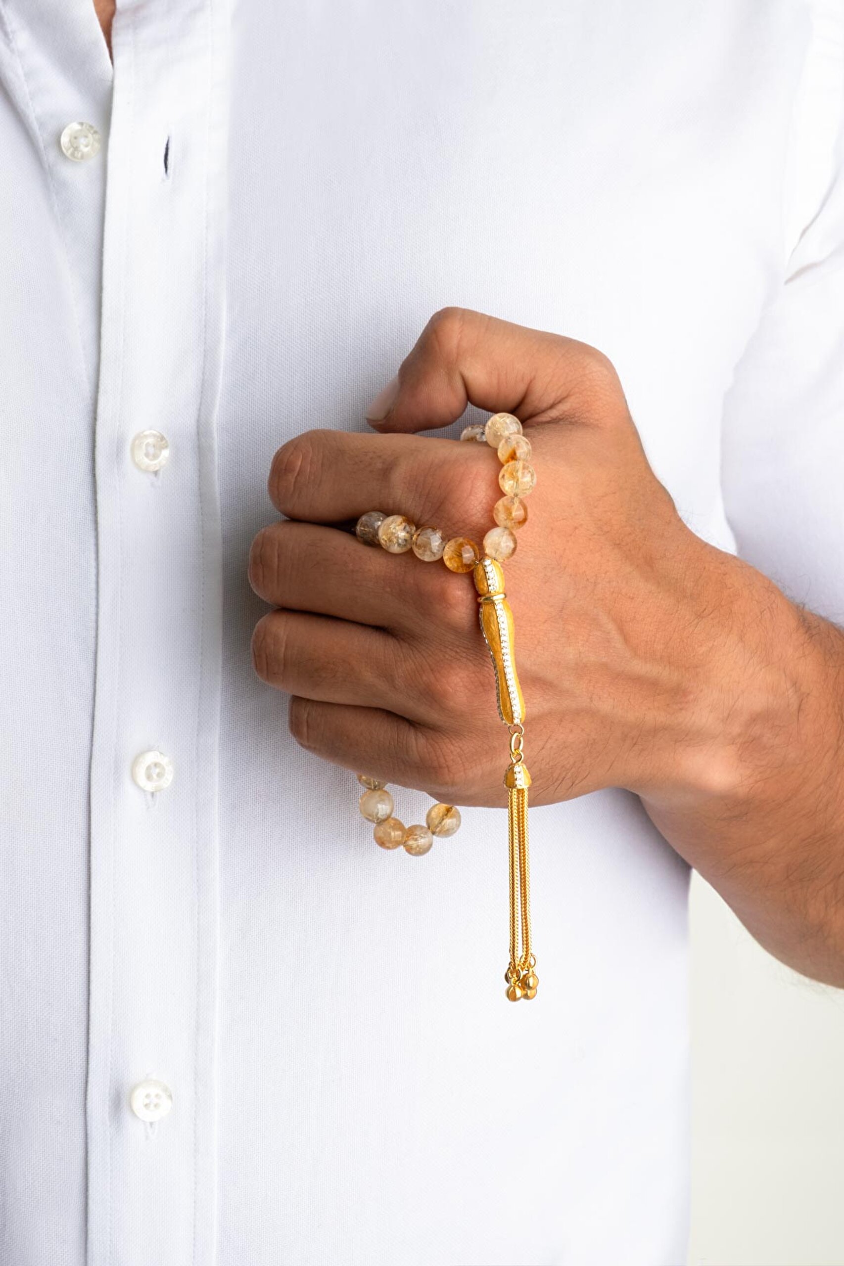 ⁠ Sitrin Taşlı 18 Ayar Sarı Altın Kaplama 25 Cm Gümüş Tesbih_3}