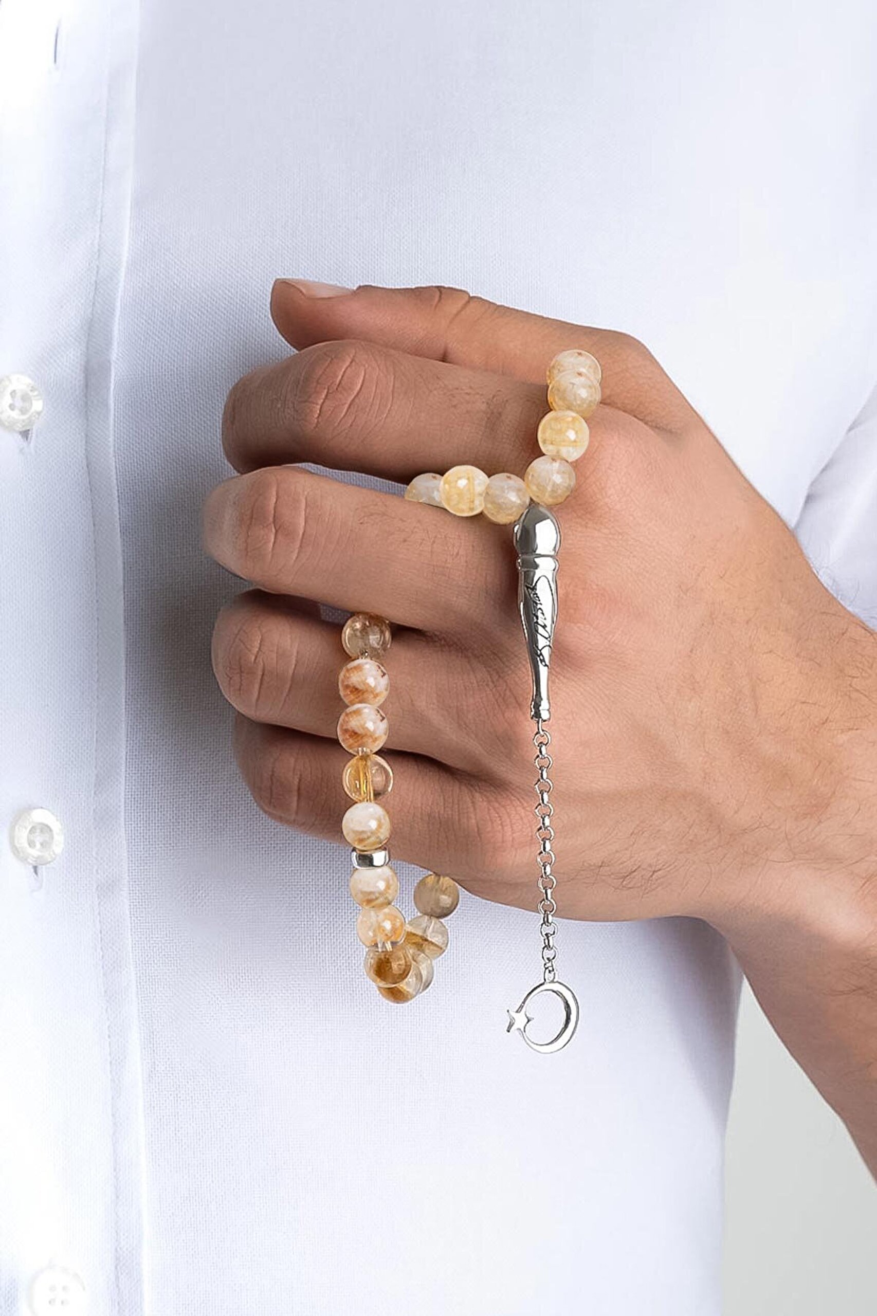 Atatürk İmzalı Doğal Sitrin Taşlı 22 Cm Gümüş Tesbih - 1