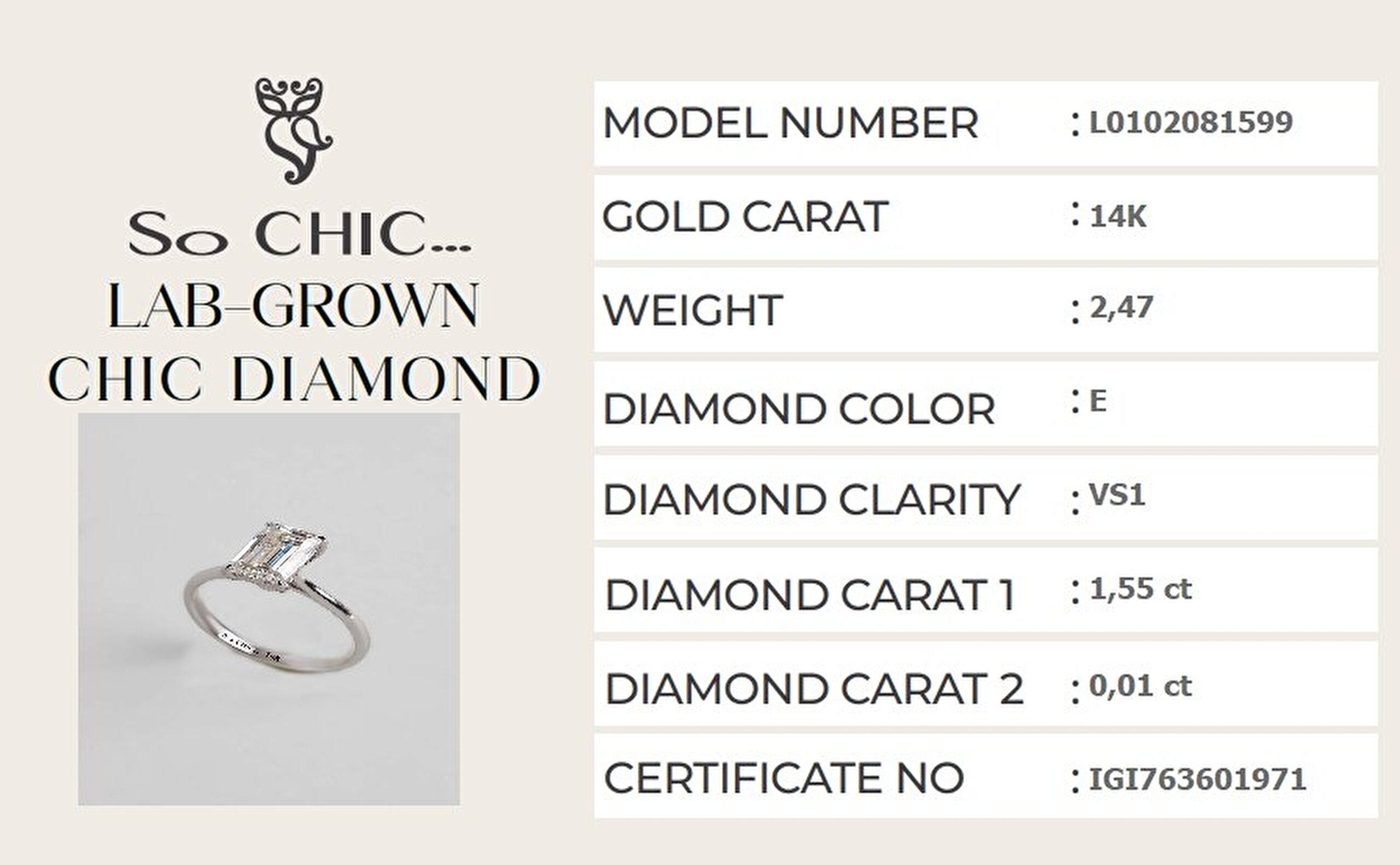 1.56 Karat IGI Sertifikalı 14K Beyaz Altın Emerald Kesim Lab Grown Pırlanta Tektaş Yüzük - 4