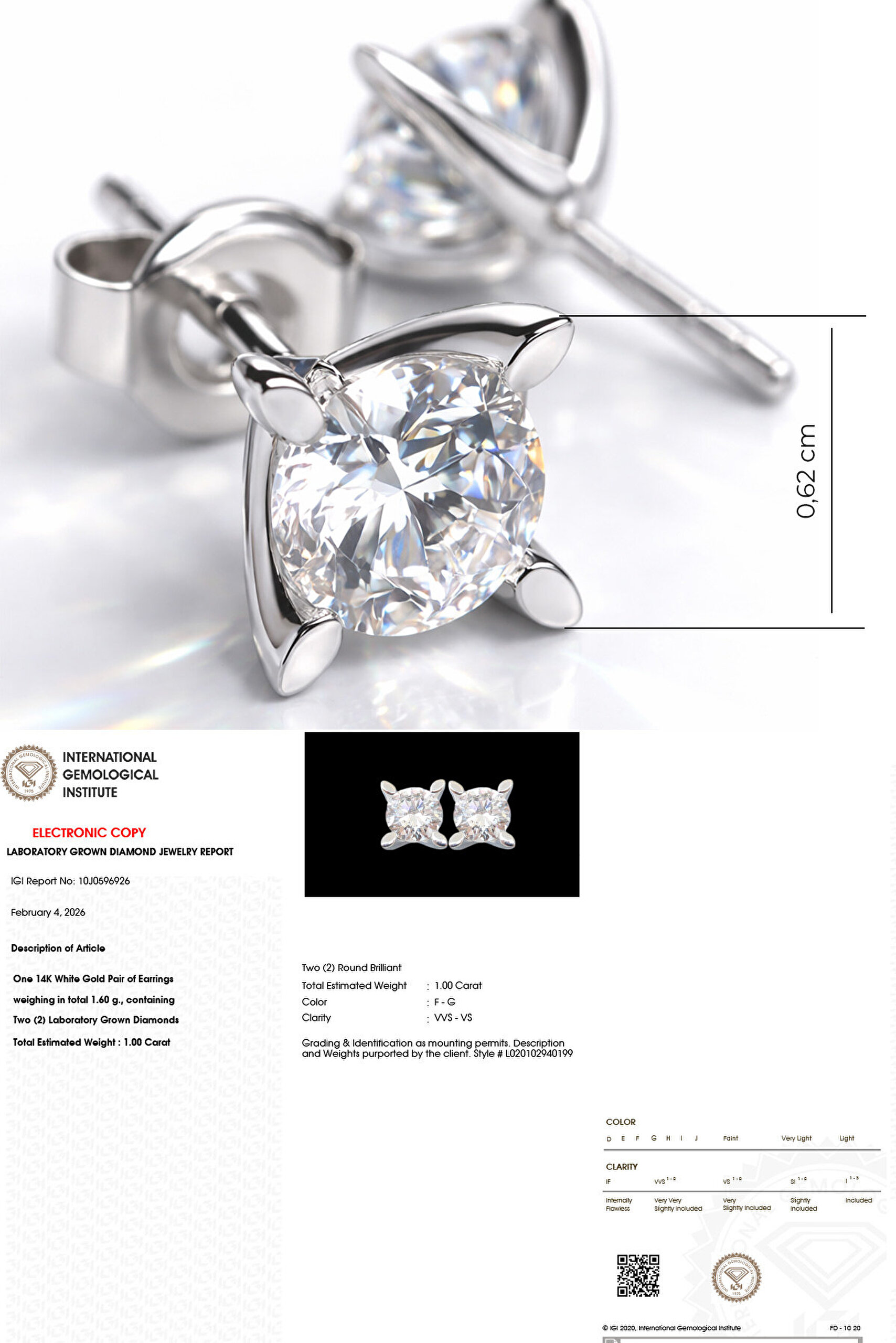 1.00 Karat IGI Sertifikalı 14K Beyaz Altın Yuvarlak Kesim Lab Grown Pırlanta Tektaş Küpe - 2