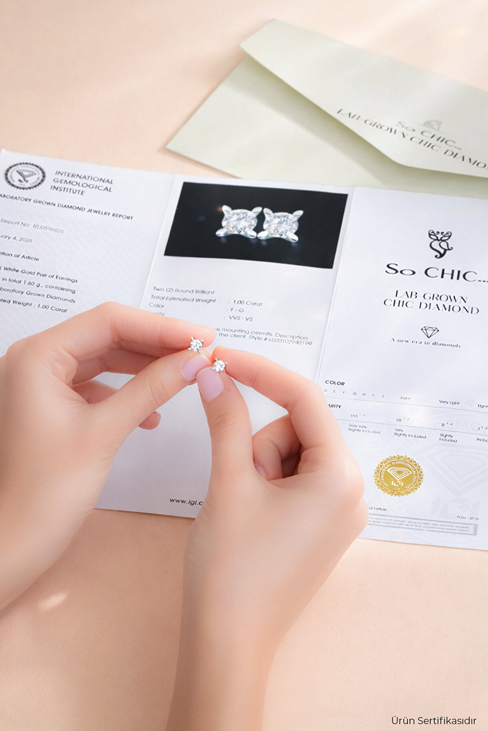 1.00 Karat IGI Sertifikalı 14K Beyaz Altın Yuvarlak Kesim Lab Grown Pırlanta Tektaş Küpe - 3