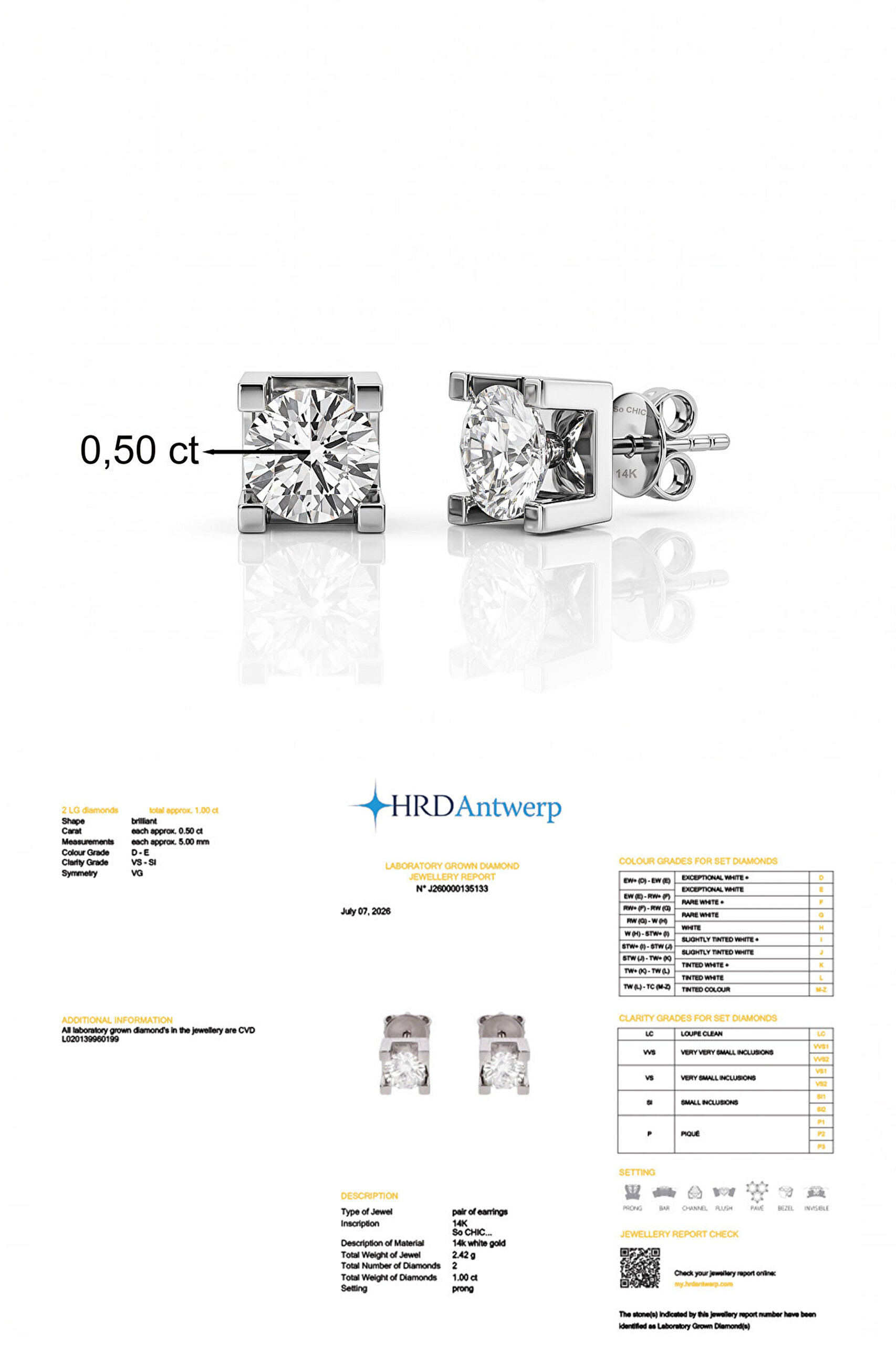 1.00 Karat HRD Sertifikalı Laboratuvar Üretimi Pırlanta Altın Küpe - 2