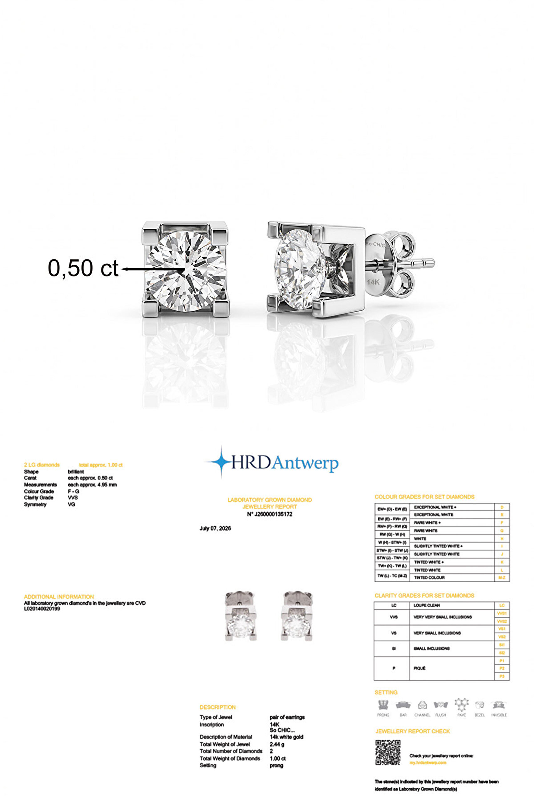 1.00 Karat HRD Sertifikalı Laboratuvar Üretimi Pırlanta Altın Küpe - 2