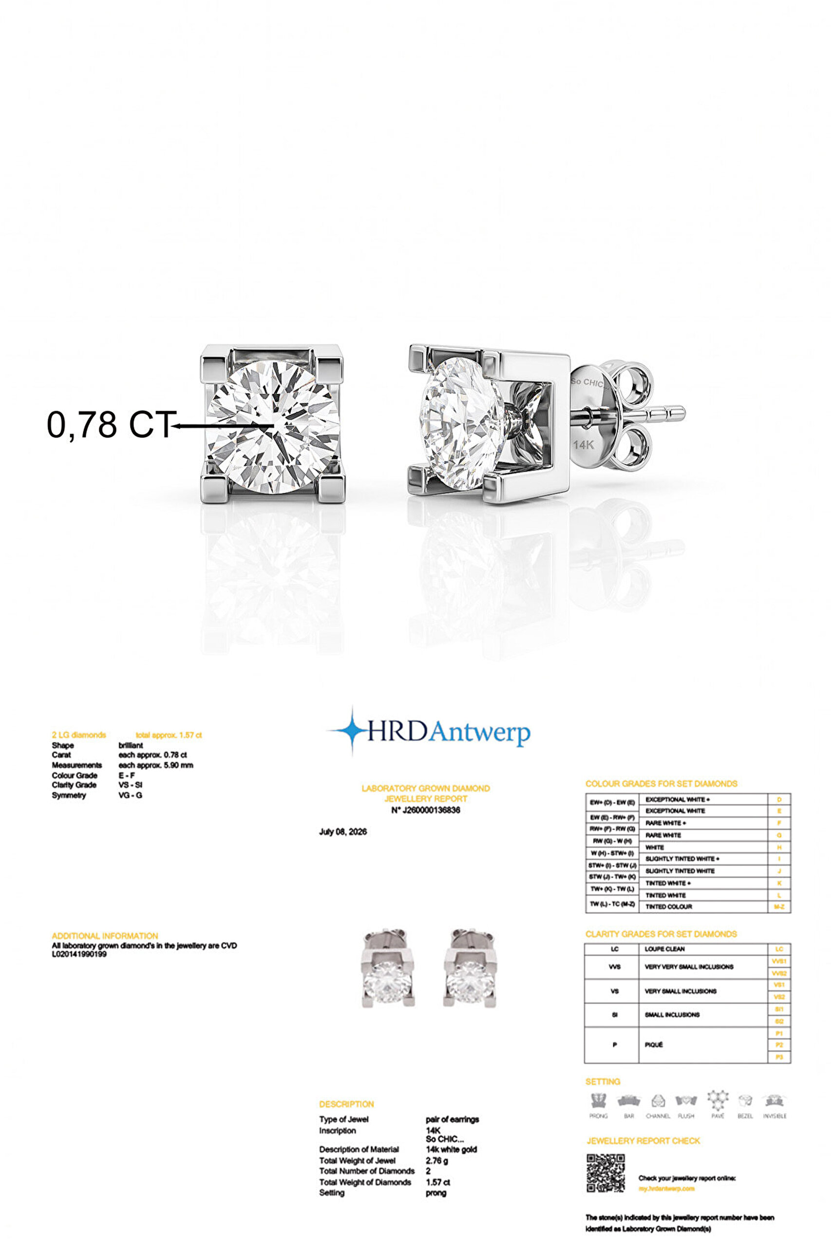 1.57 Karat HRD Sertifikalı Laboratuvar Üretimi Pırlanta Altın Küpe - 2