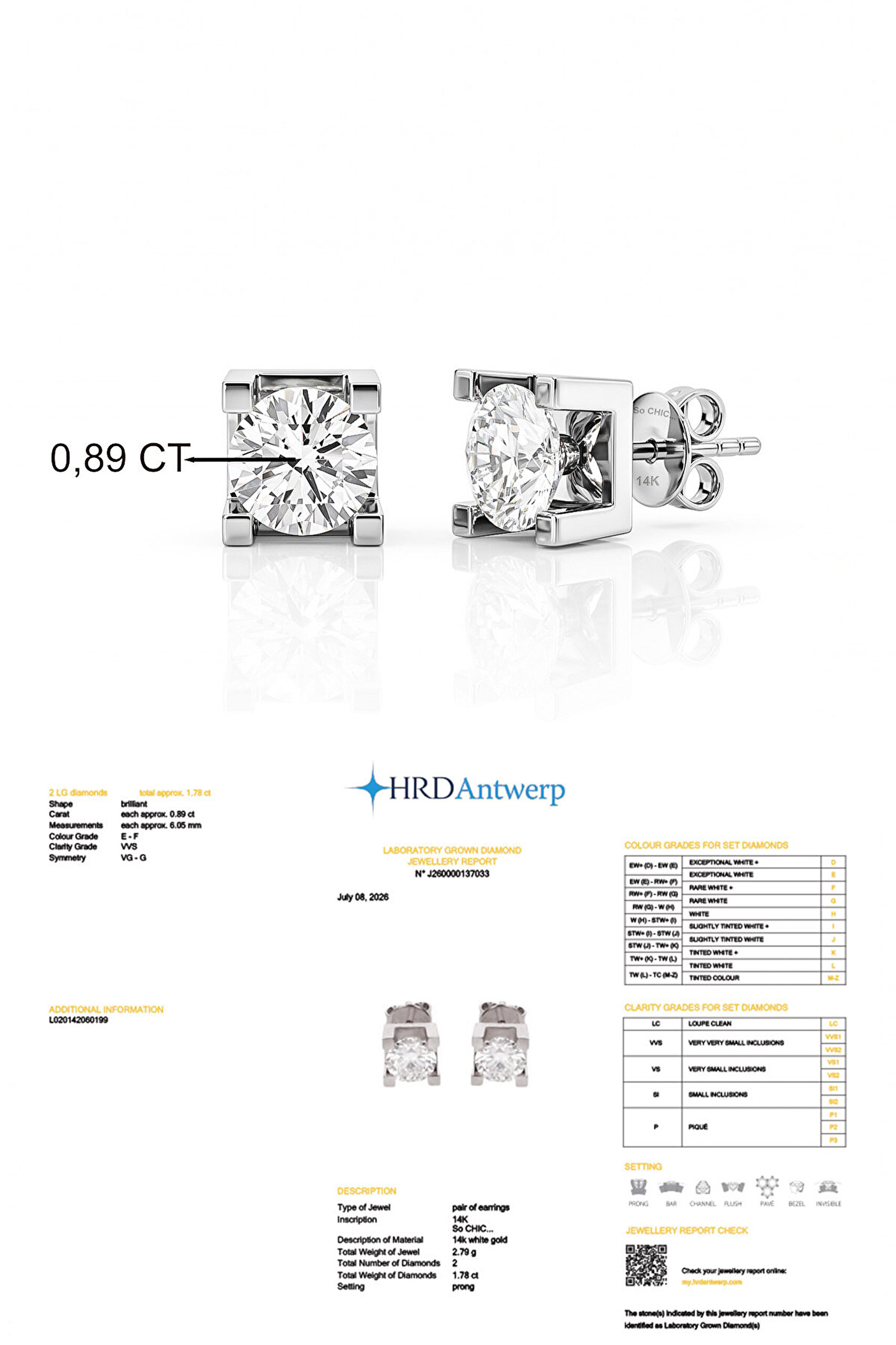 1.78 Karat HRD Sertifikalı Laboratuvar Üretimi Pırlanta Altın Küpe - 2