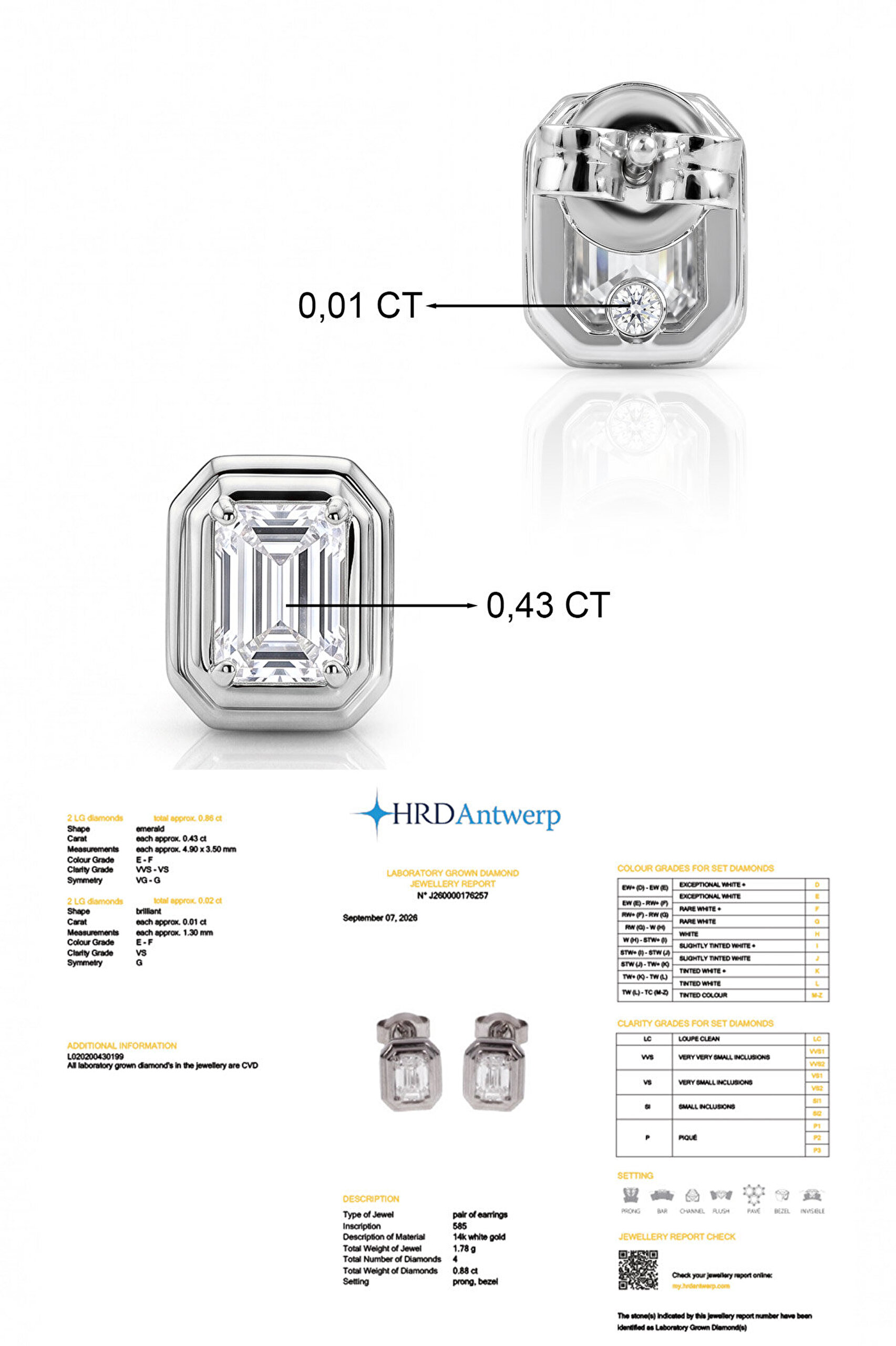 0.88 Karat HRD Sertifikalı Laboratuvar Üretimi Pırlanta Altın Emerald Küpe - 2