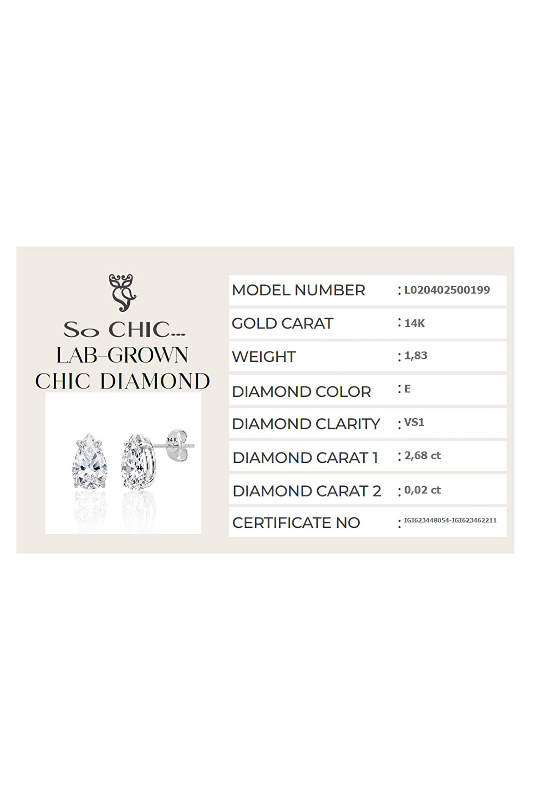 2.70 Karat IGI Sertifikalı 14K Beyaz Altın Damla Kesim Lab Grown Pırlanta Tektaş Küpe - 3