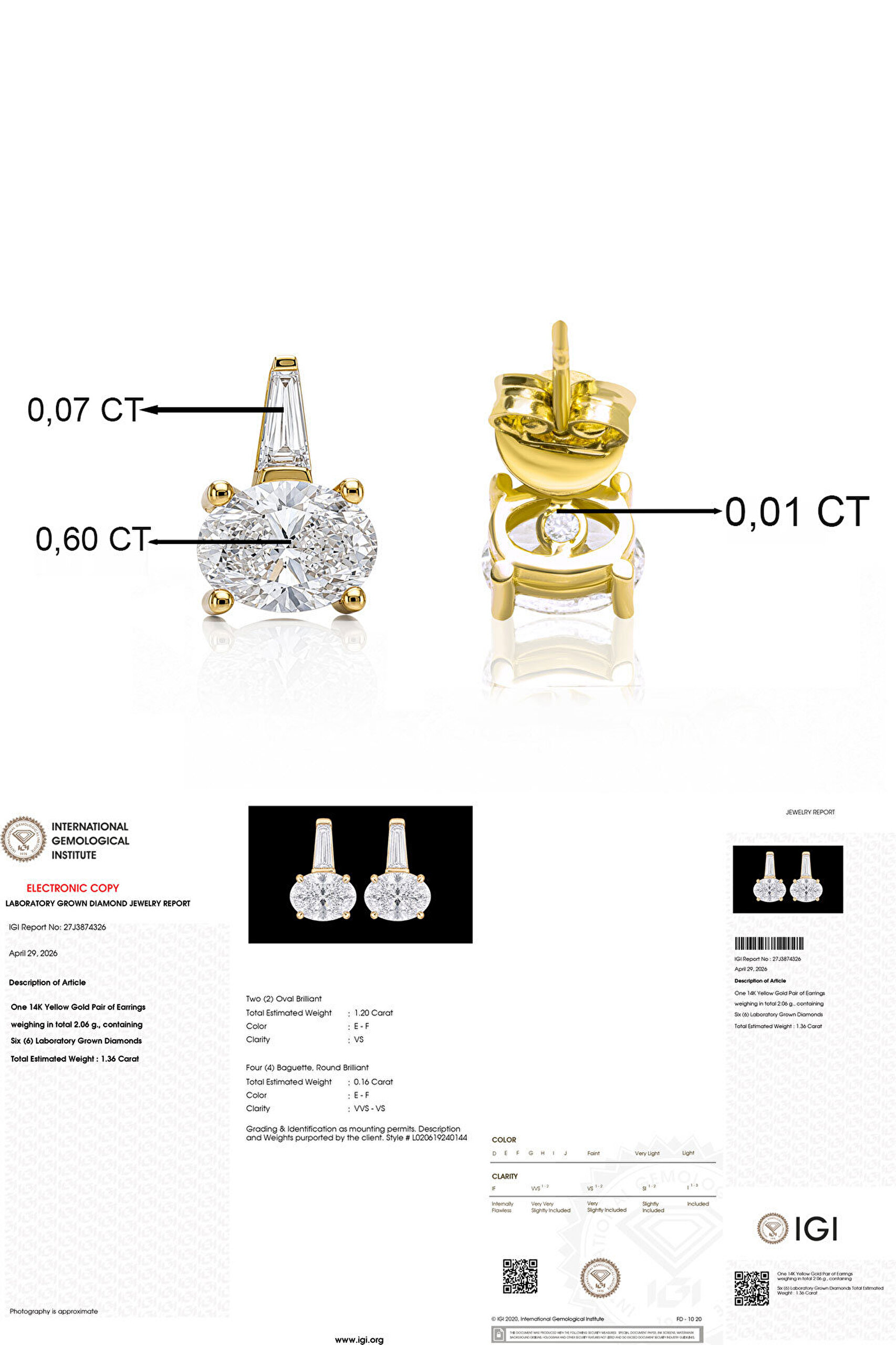 1.36 Karat IGI Sertifikalı 14K Sarı Altın Oval Kesim Lab Grown Pırlanta Küpe - 1